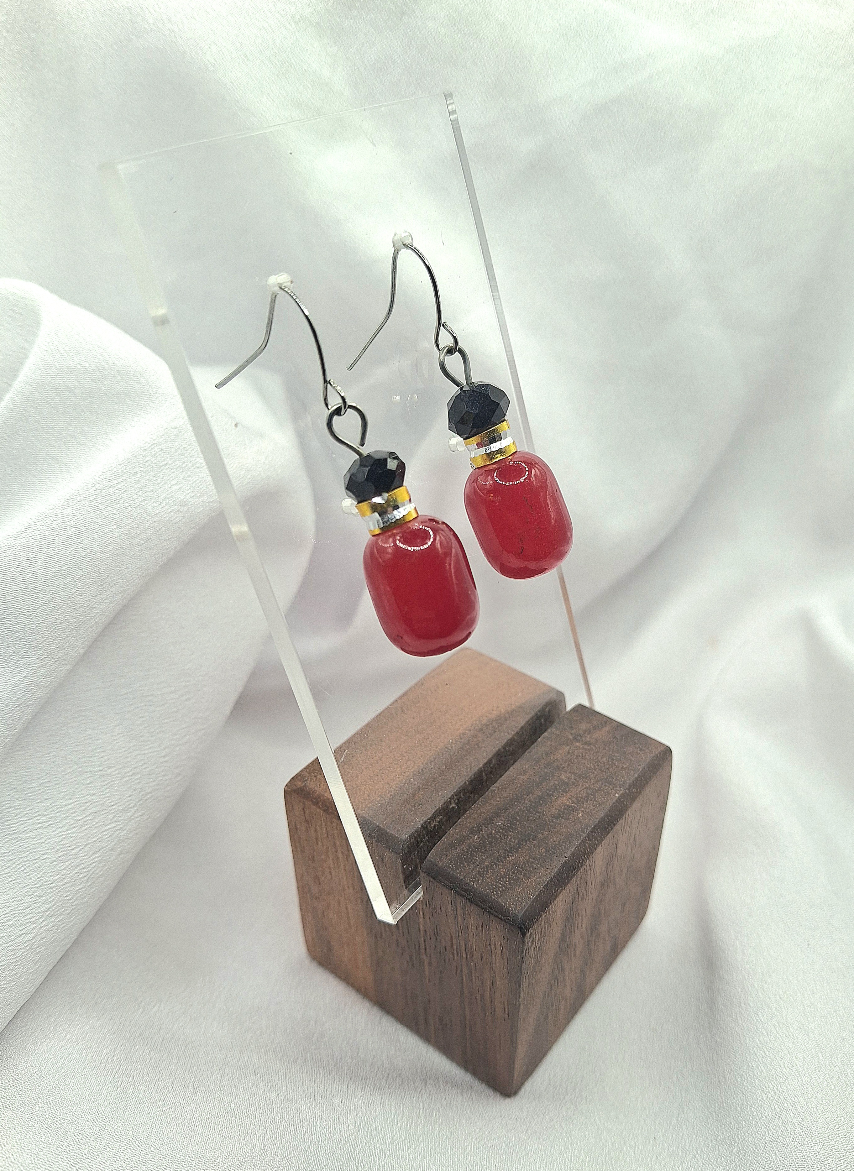 Image 3 for Unique Vintage Red & Black Glass Beaded Dangle Earrings with Gold and Silver Accents