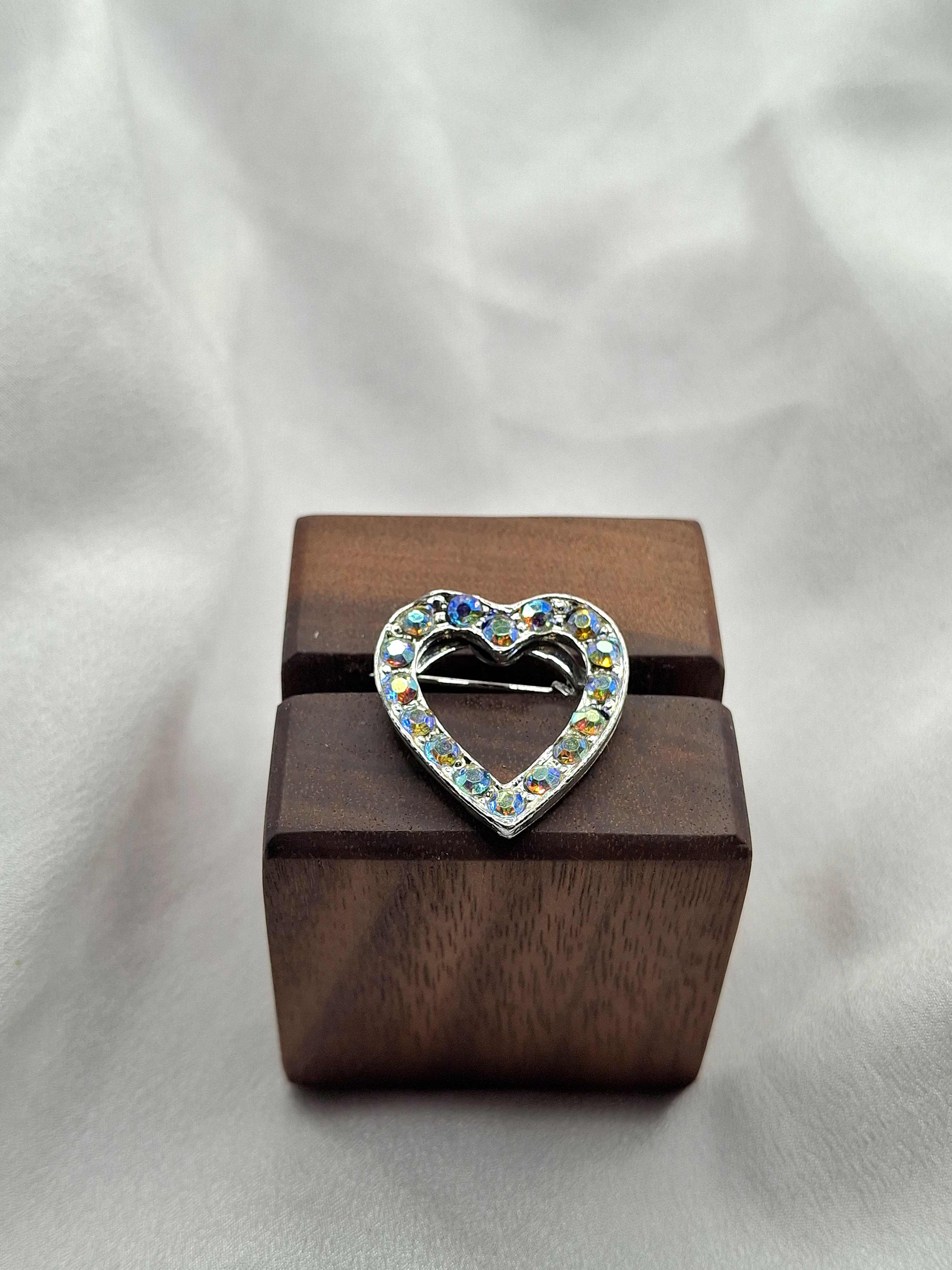 Image 2 for Vintage Heart-Shaped Iridescent Crystal Brooch Pin - AB Rainbow Sparkle