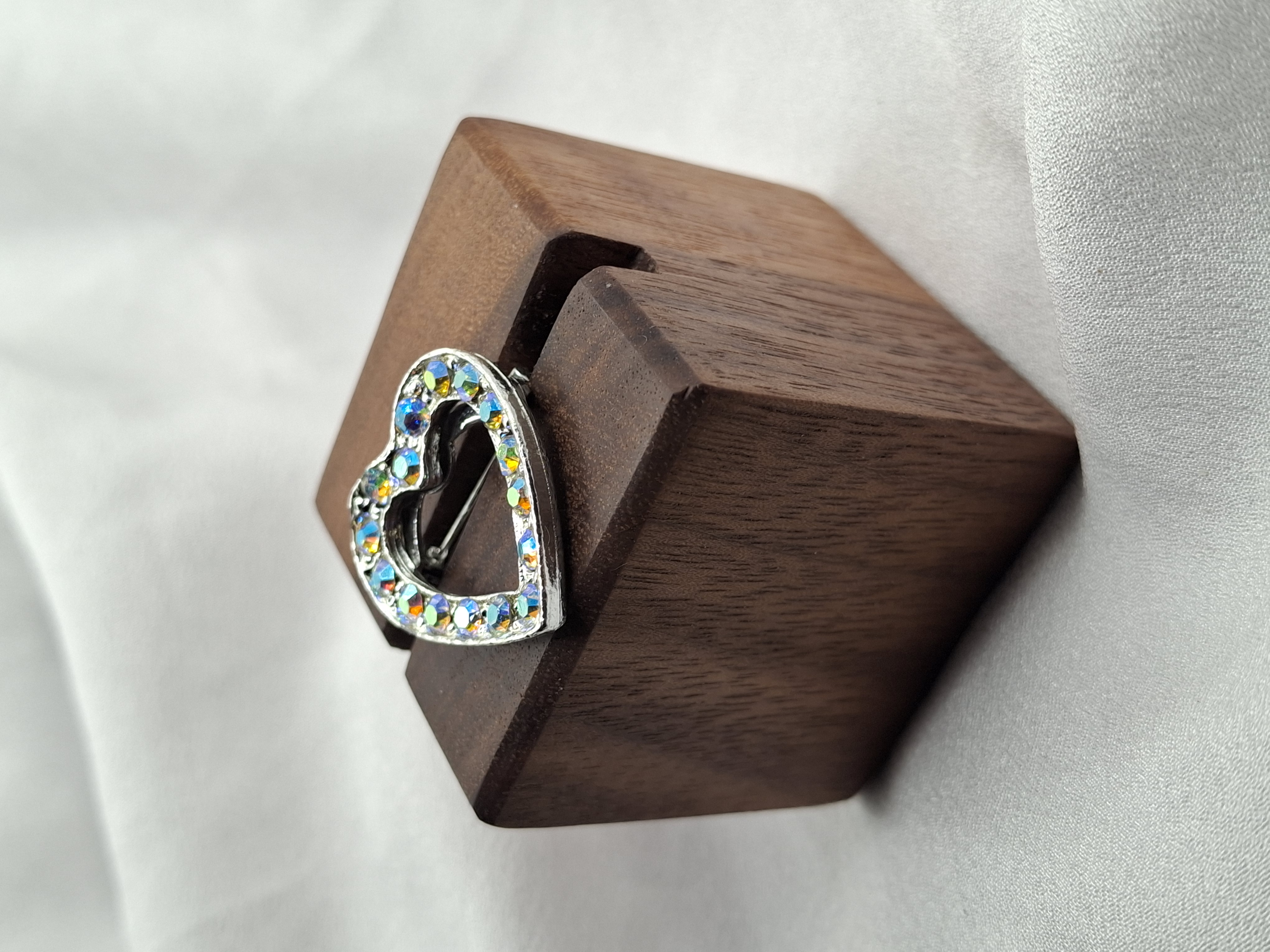 Image 5 for Vintage Heart-Shaped Iridescent Crystal Brooch Pin - AB Rainbow Sparkle