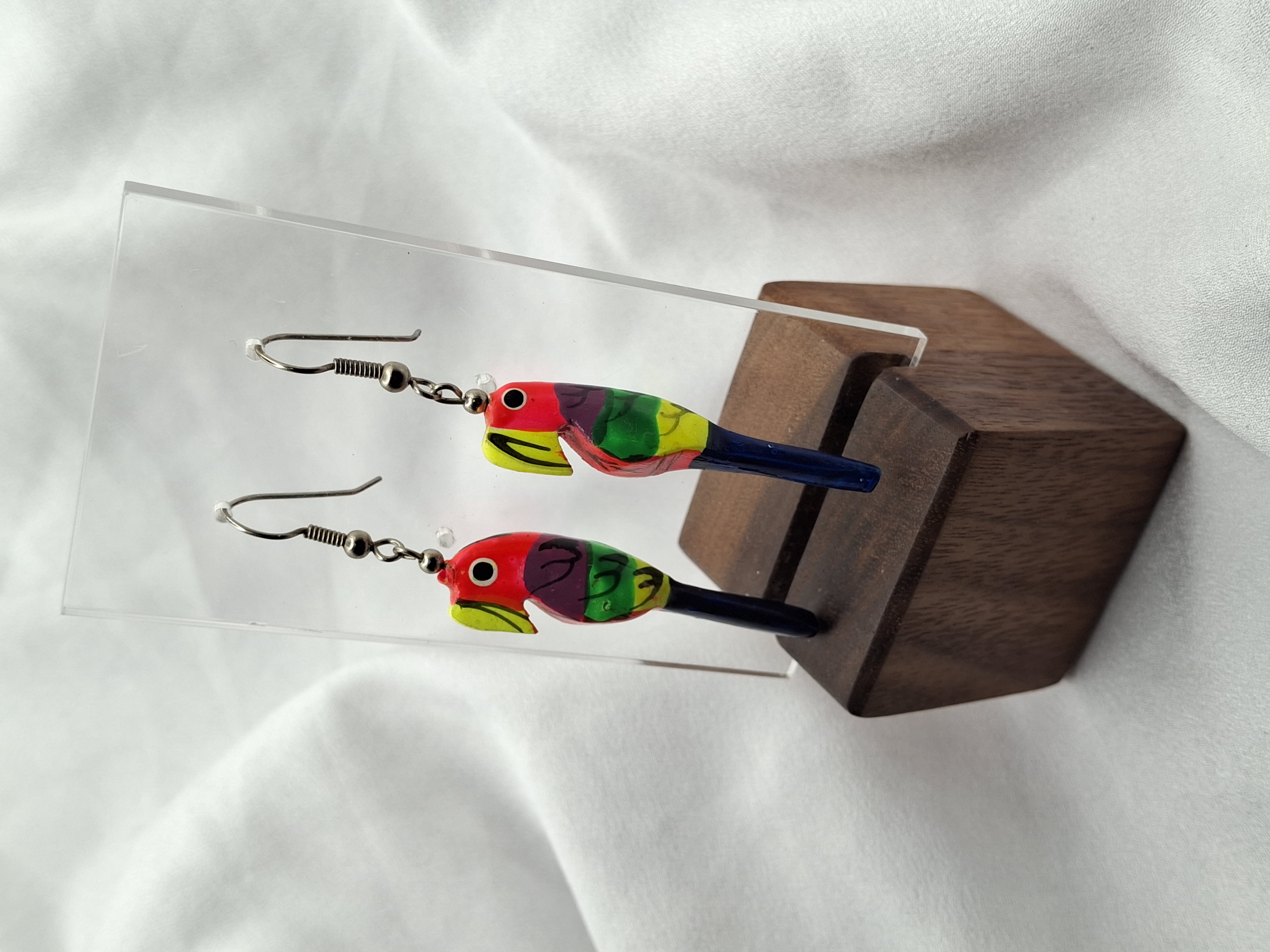 Unique Vintage Handmade Hand Painted Parrot Dangling Earrings