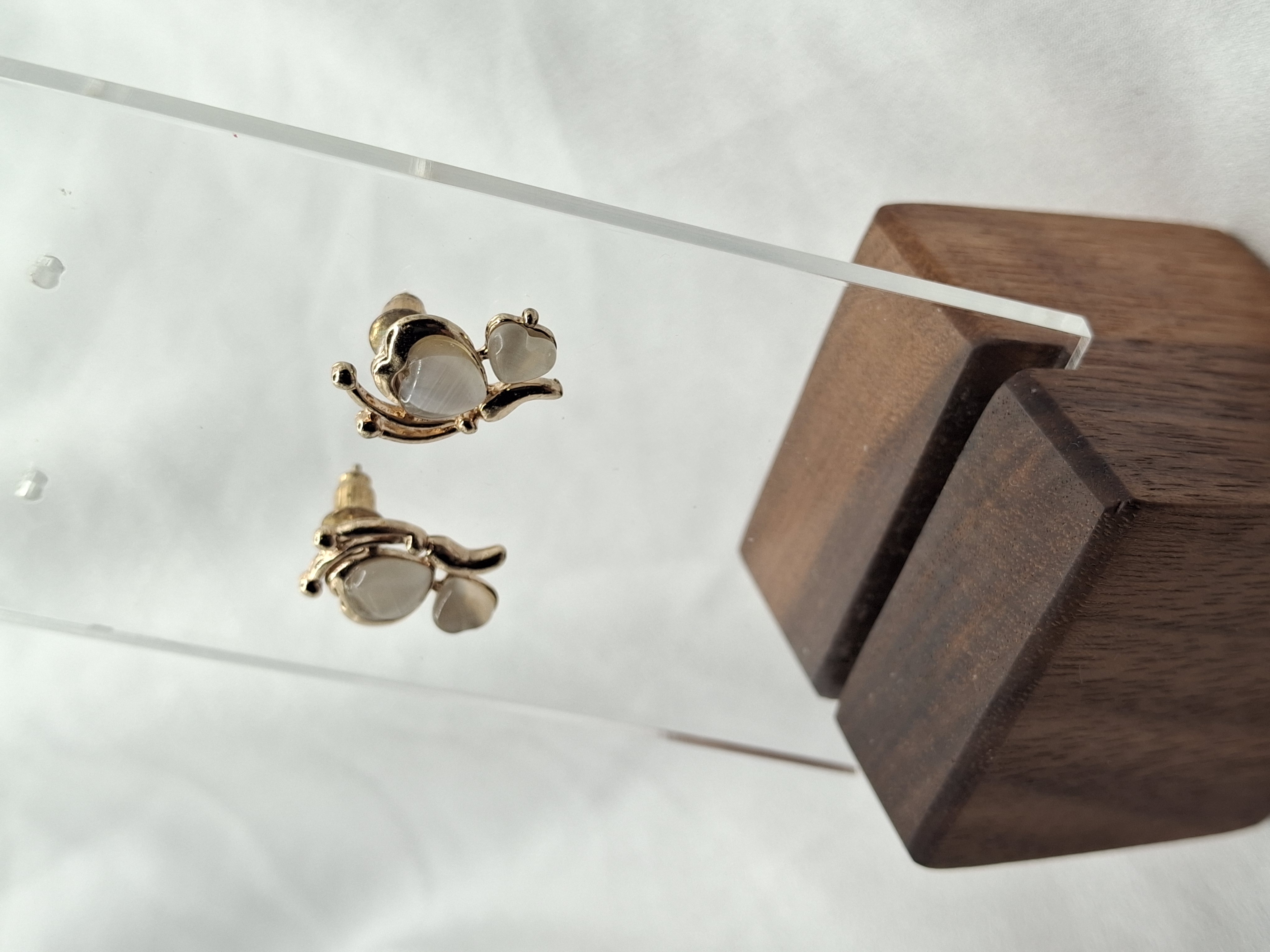 Unique Vintage Gold Toned Butterfly Opal Heart Statement Stud Earrings