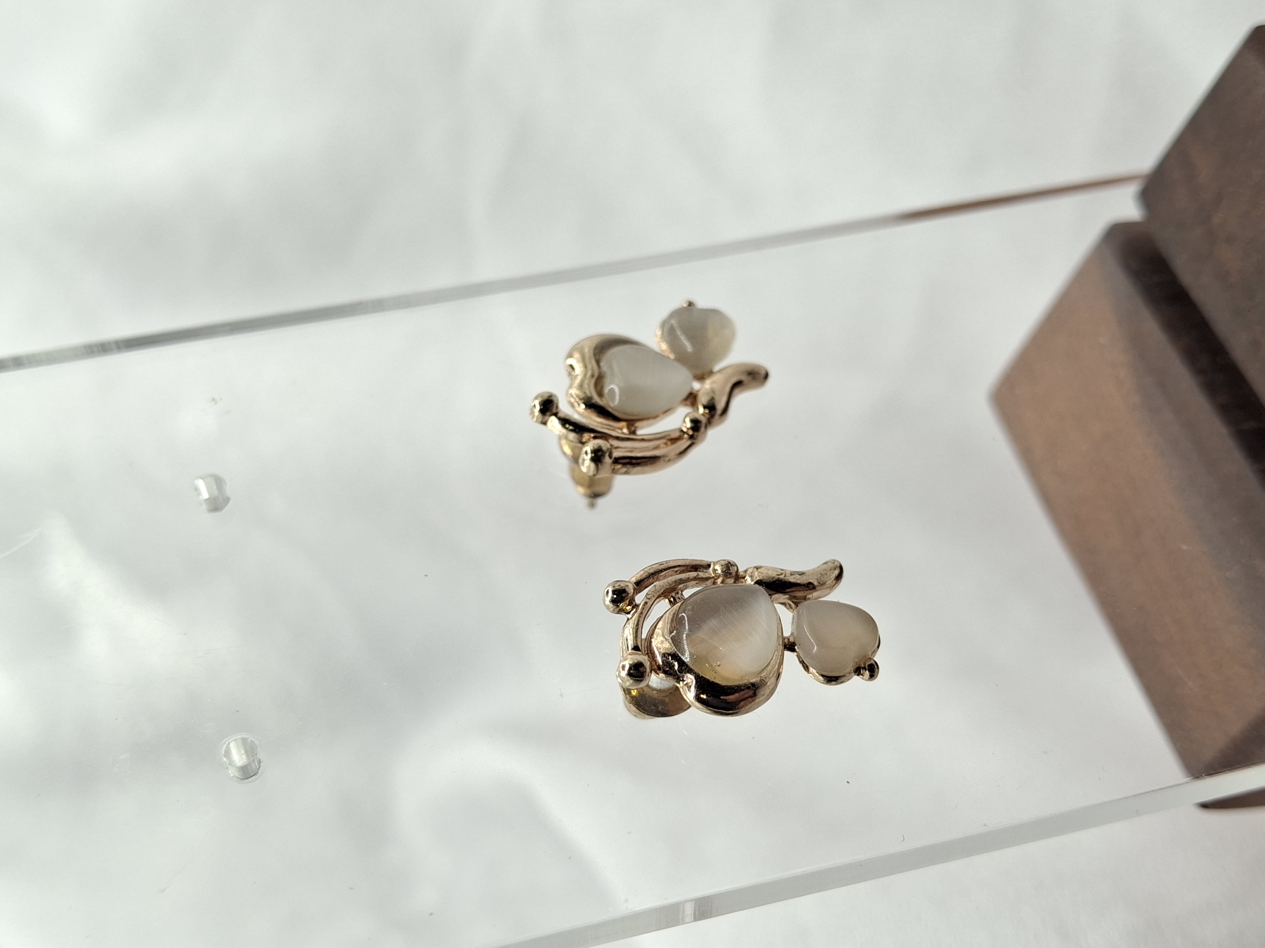 Image 2 for Unique Vintage Gold Toned Butterfly Opal Heart Statement Stud Earrings