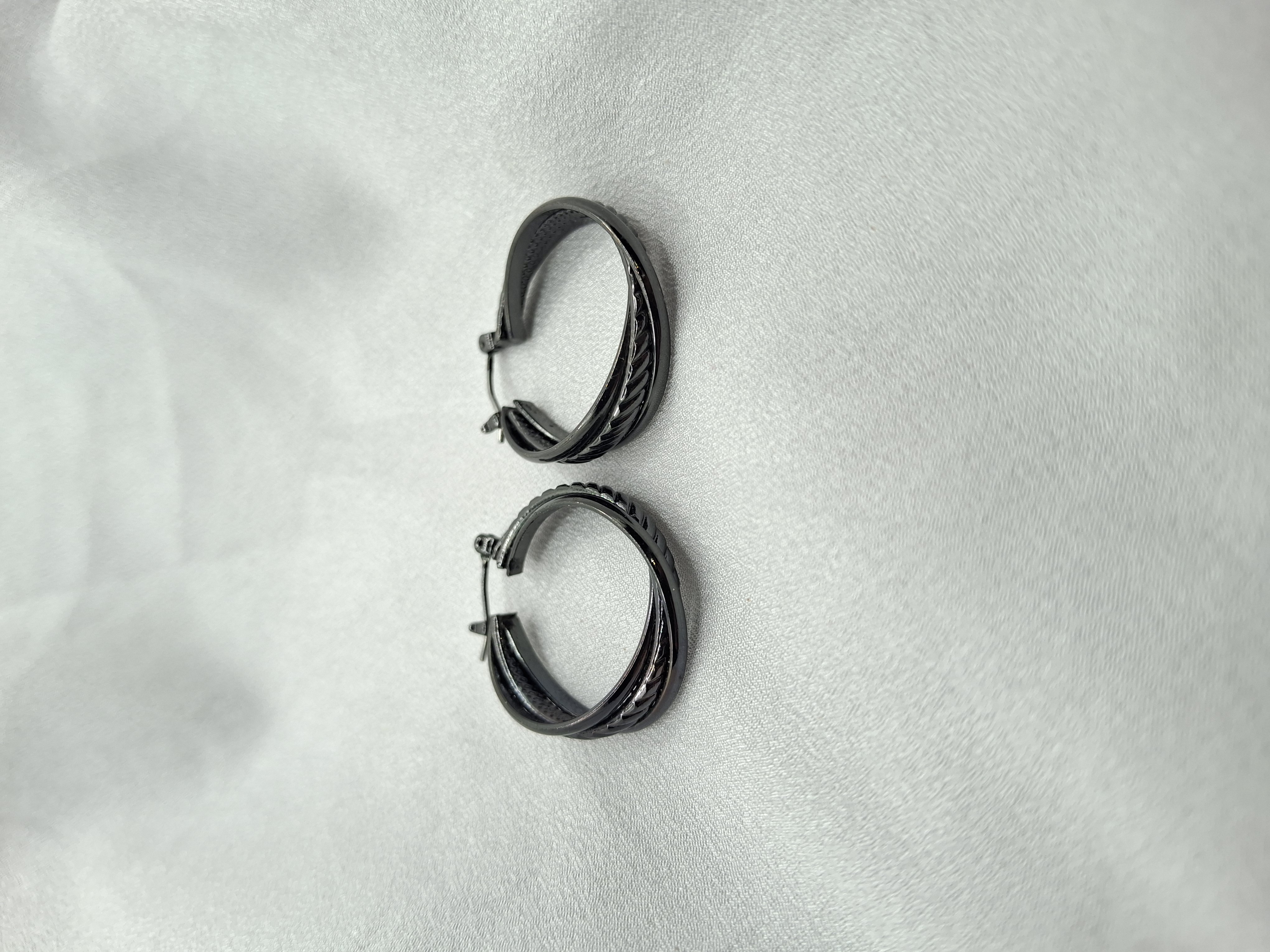 Vintage Black Gunmetal Textured Hoop Earrings