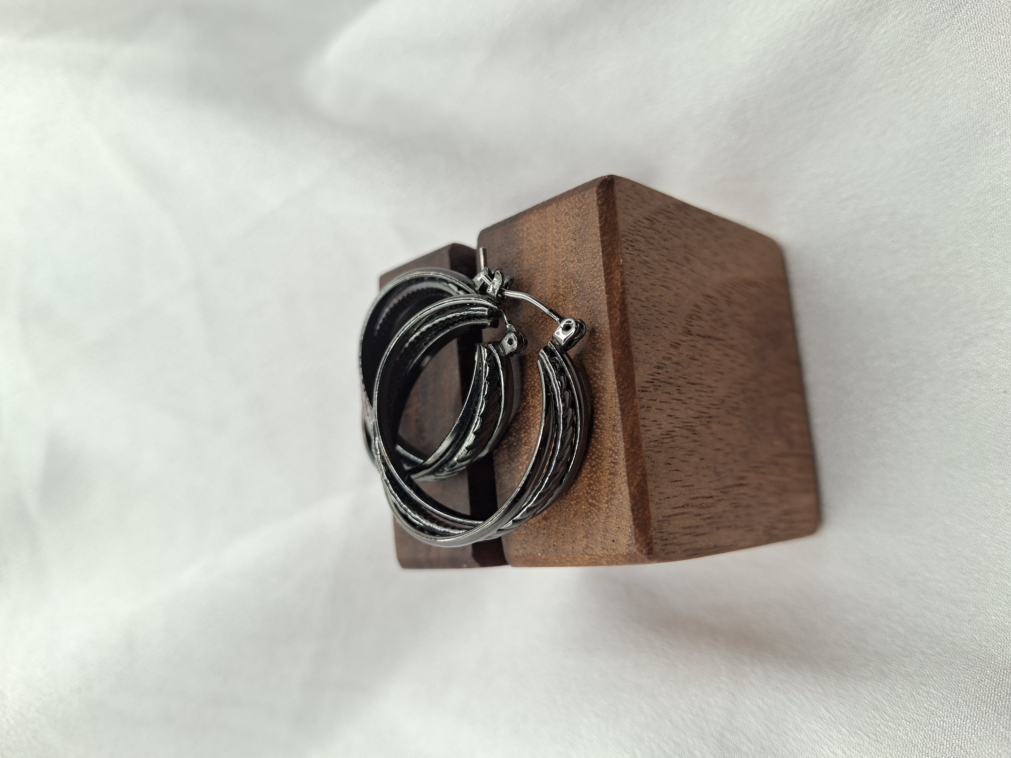 Image 3 for Vintage Black Gunmetal Textured Hoop Earrings