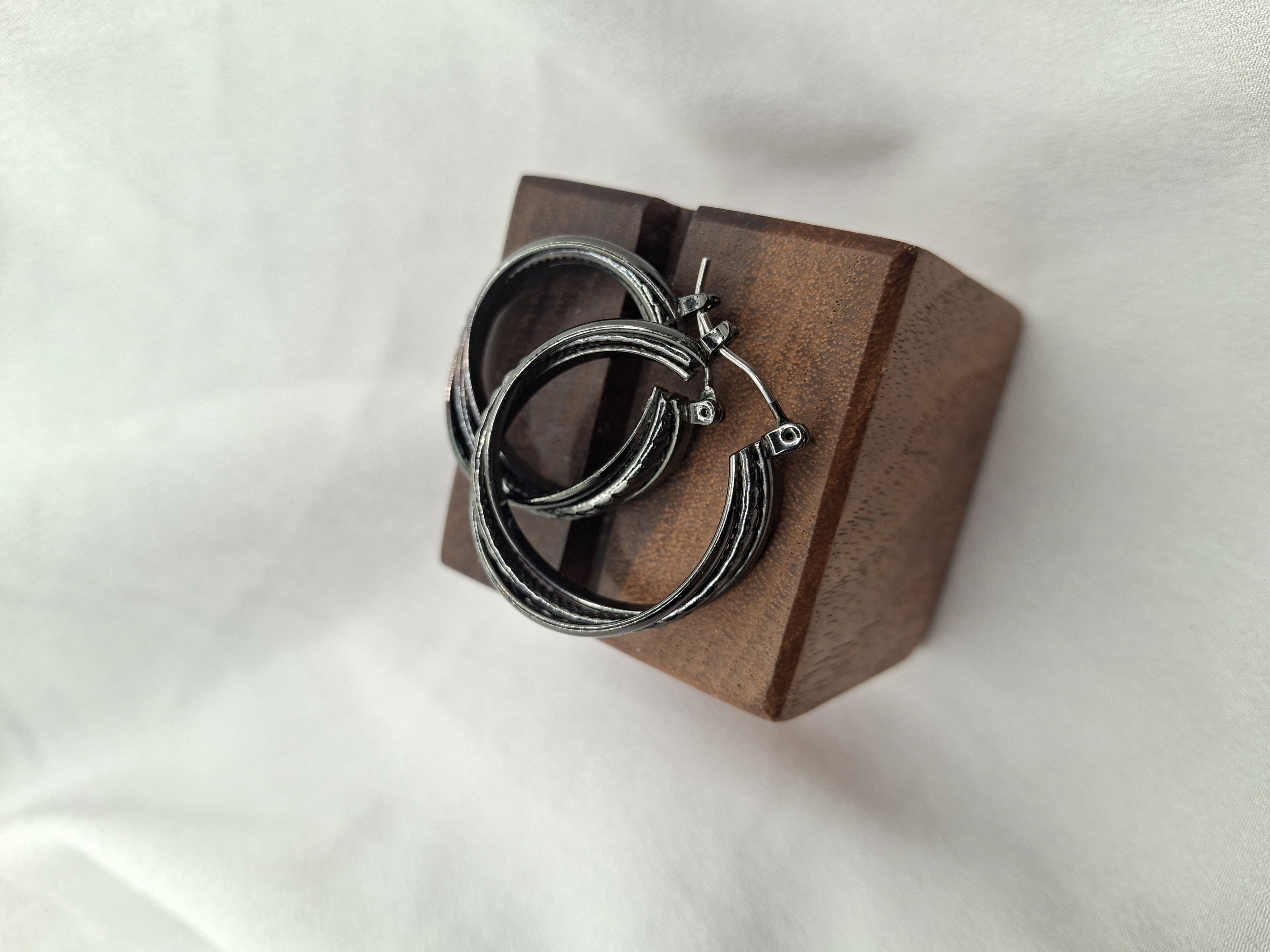 Image 4 for Vintage Black Gunmetal Textured Hoop Earrings