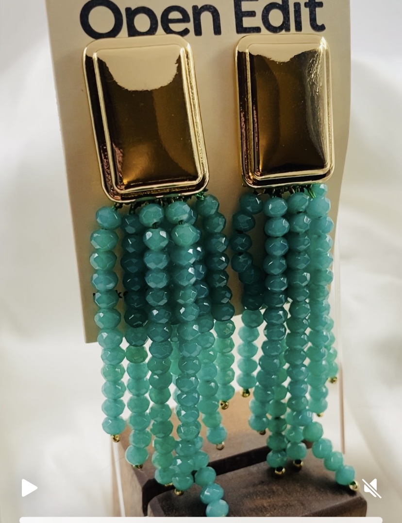 Open Edit Gold Teal Beaded Tassel Earrings NWT