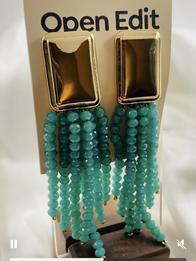 Image 2 for Open Edit Gold Teal Beaded Tassel Earrings NWT