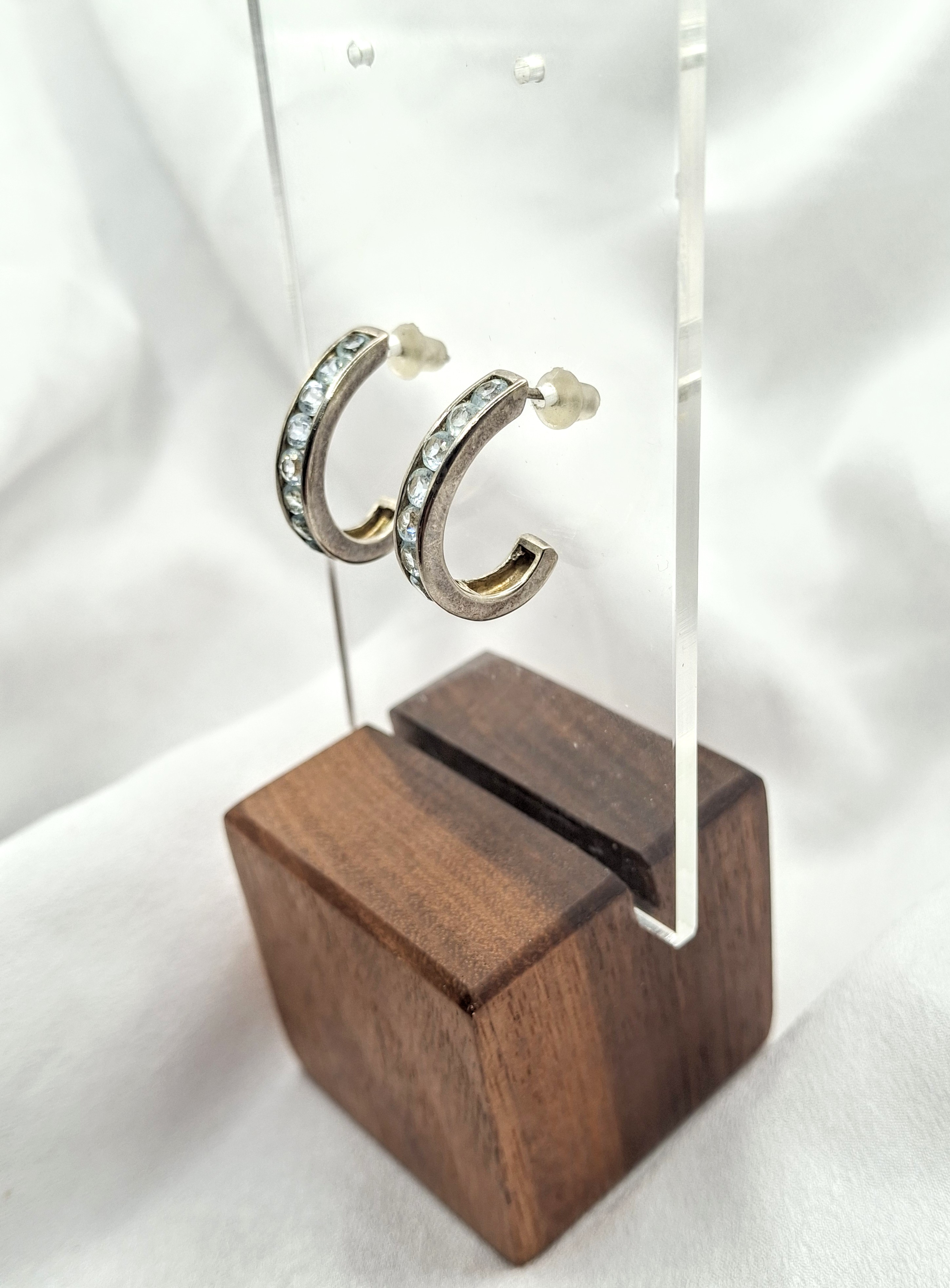 Vintage 925 Silver Aquamarine Half Hoop Post Earrings