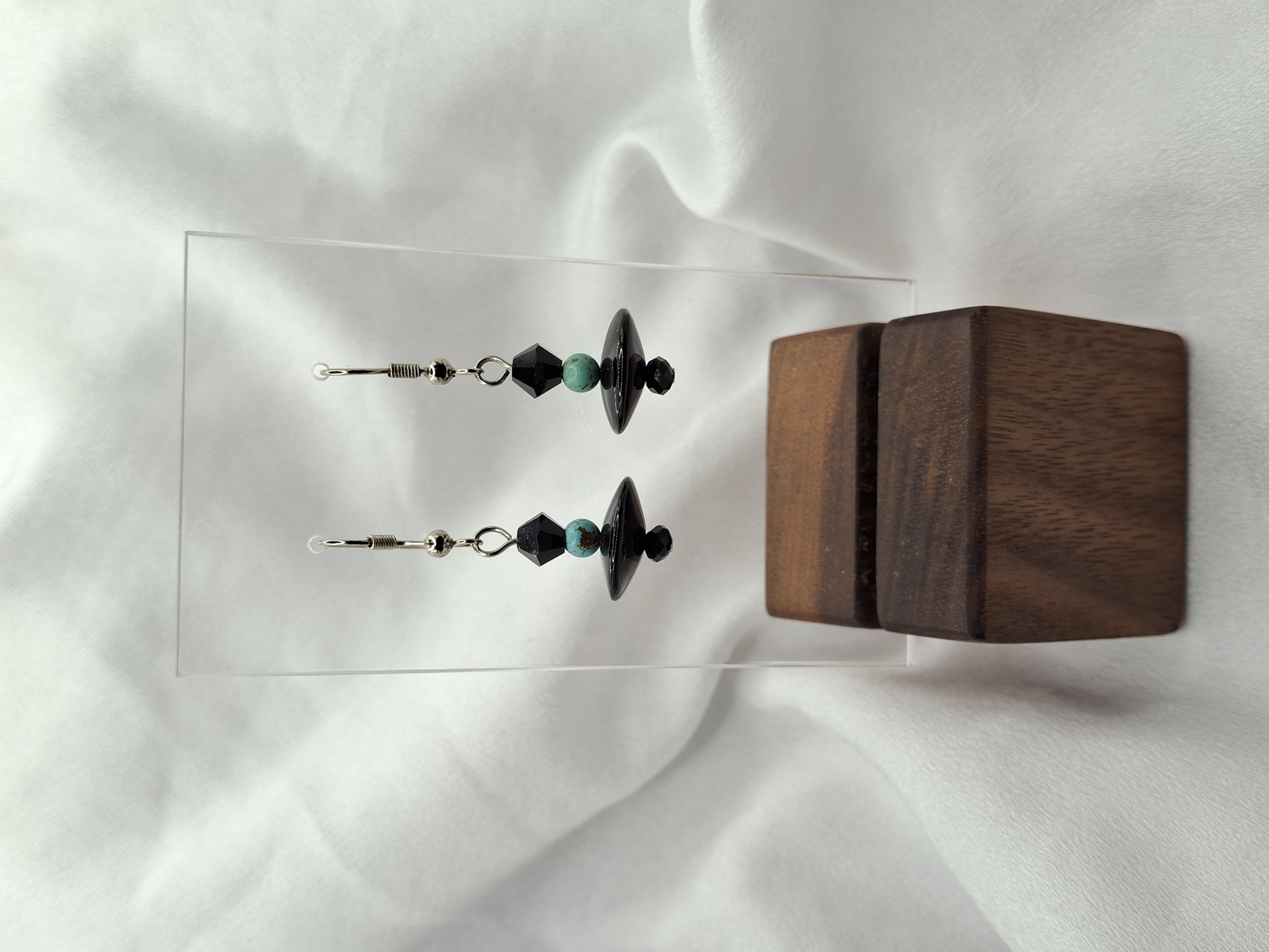 Image 3 for Vintage Handmade Turquoise Beads with Black Disc Glass & Crystals Dangle Earrings