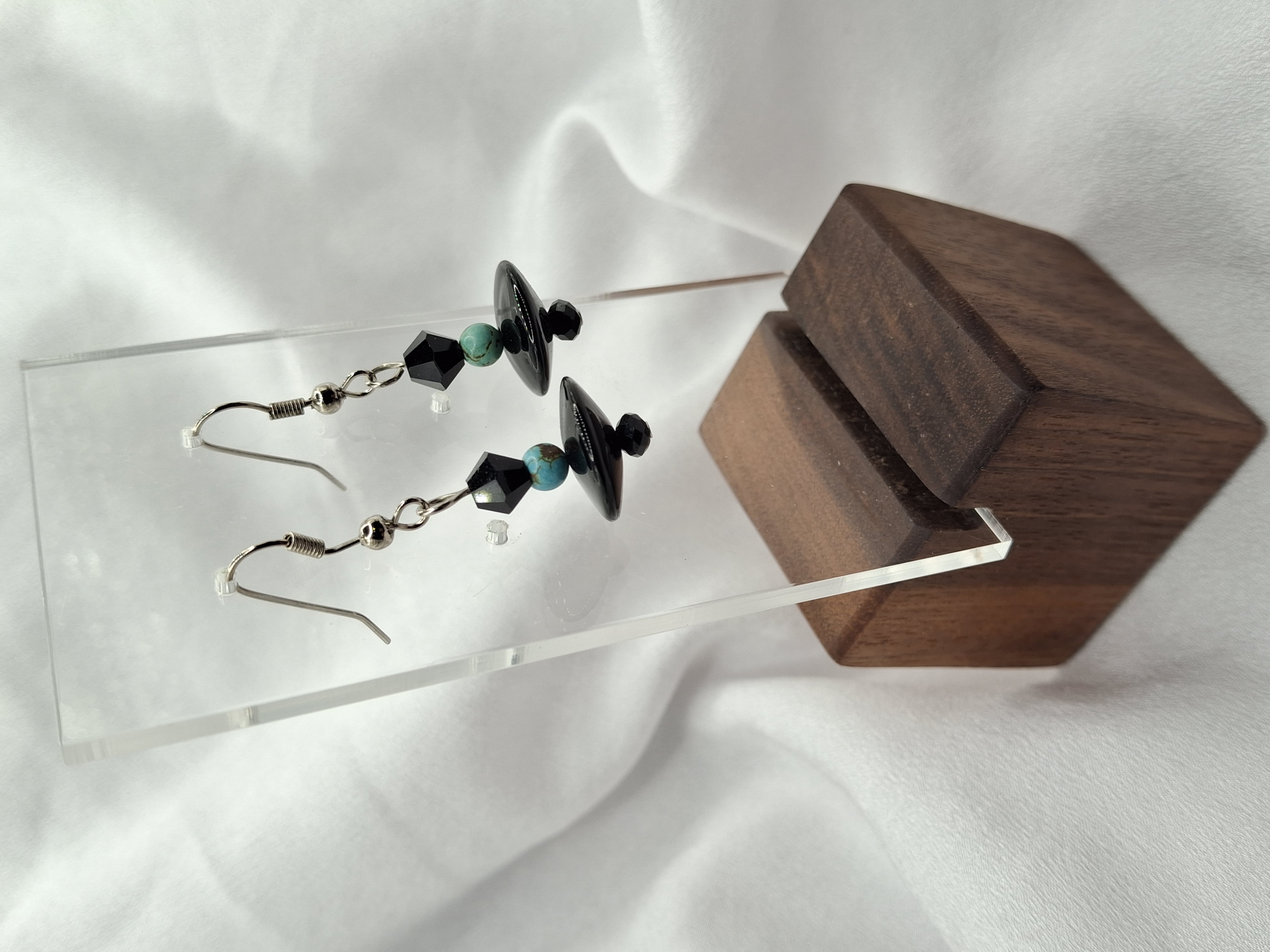 Vintage Handmade Turquoise Beads with Black Disc Glass & Crystals Dangle Earrings