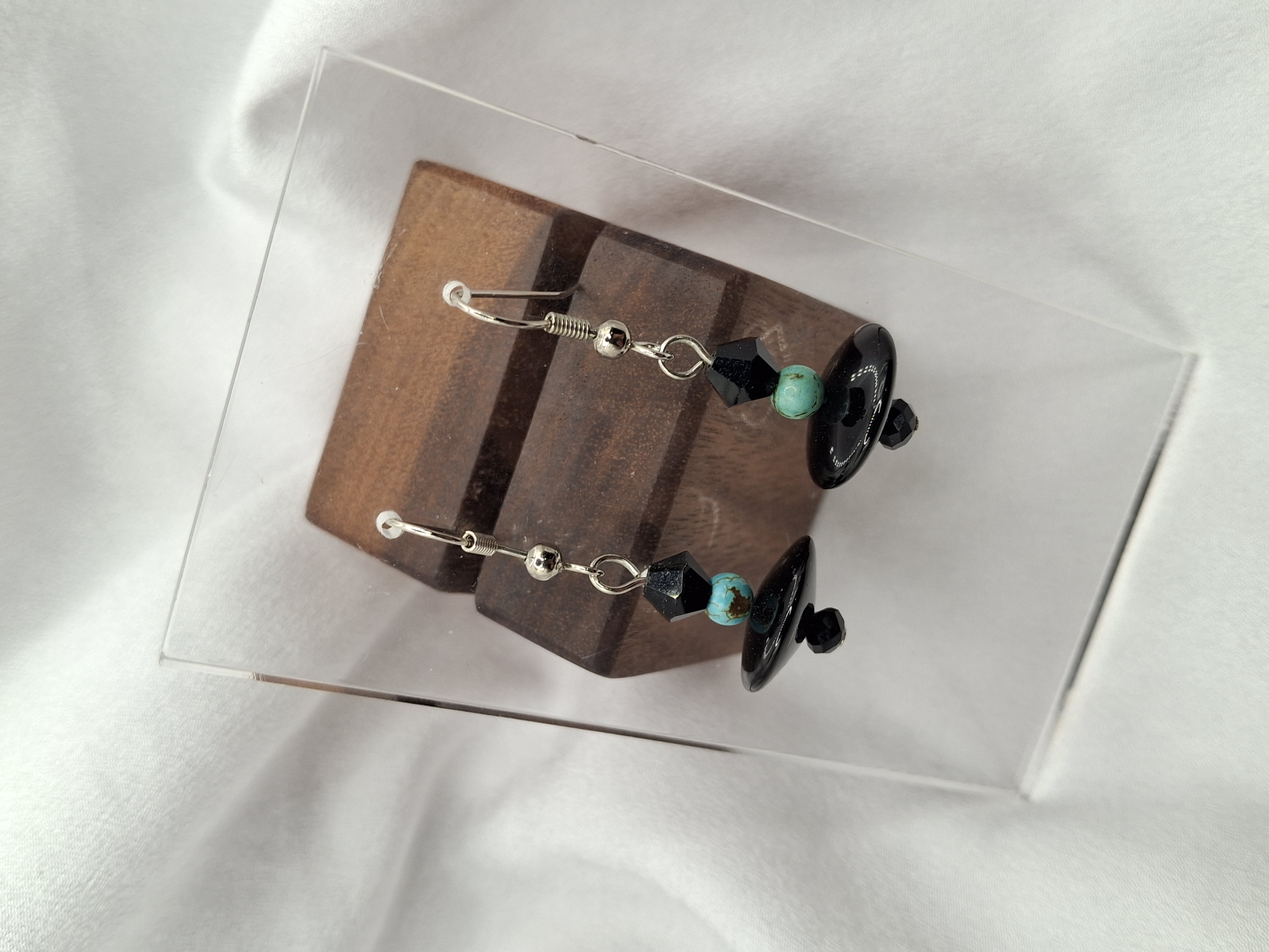 Image 2 for Vintage Handmade Turquoise Beads with Black Disc Glass & Crystals Dangle Earrings