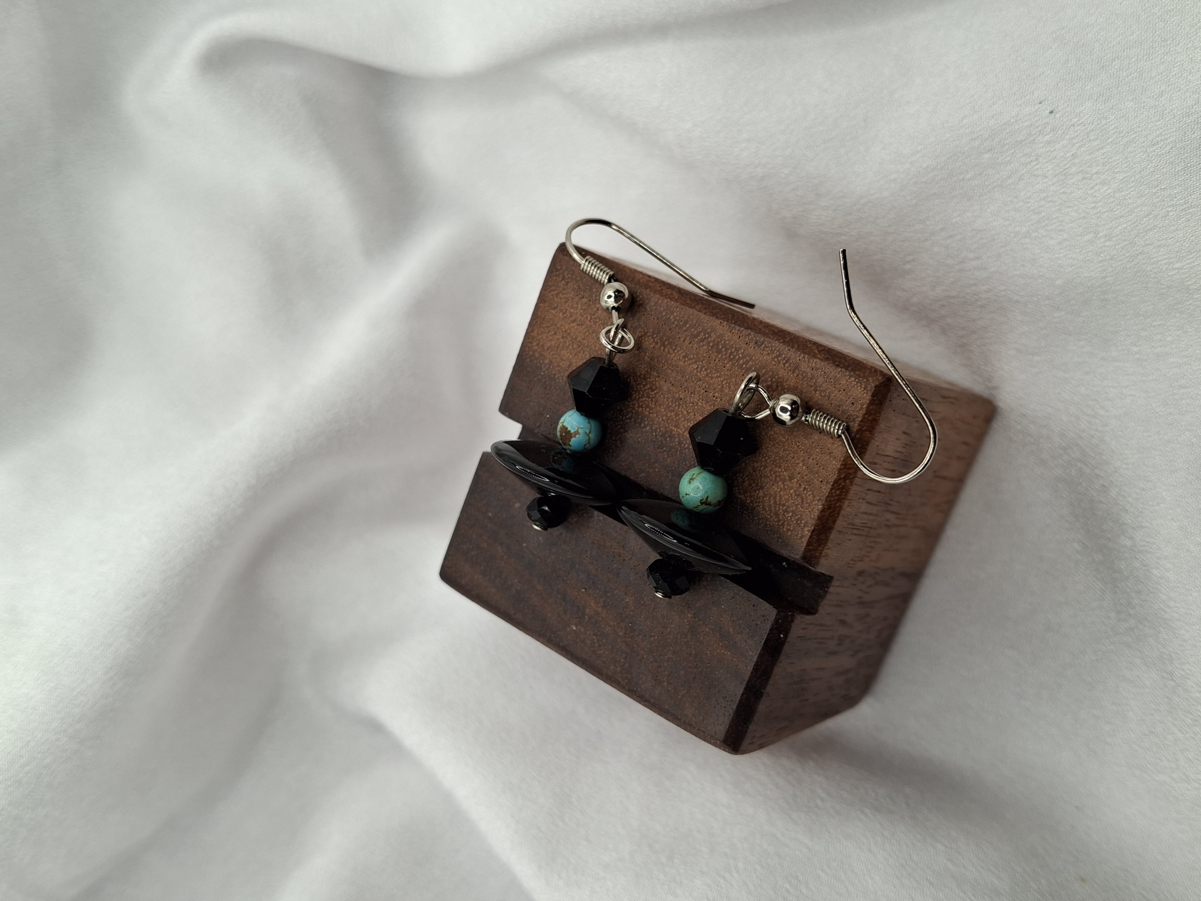 Image 6 for Vintage Handmade Turquoise Beads with Black Disc Glass & Crystals Dangle Earrings