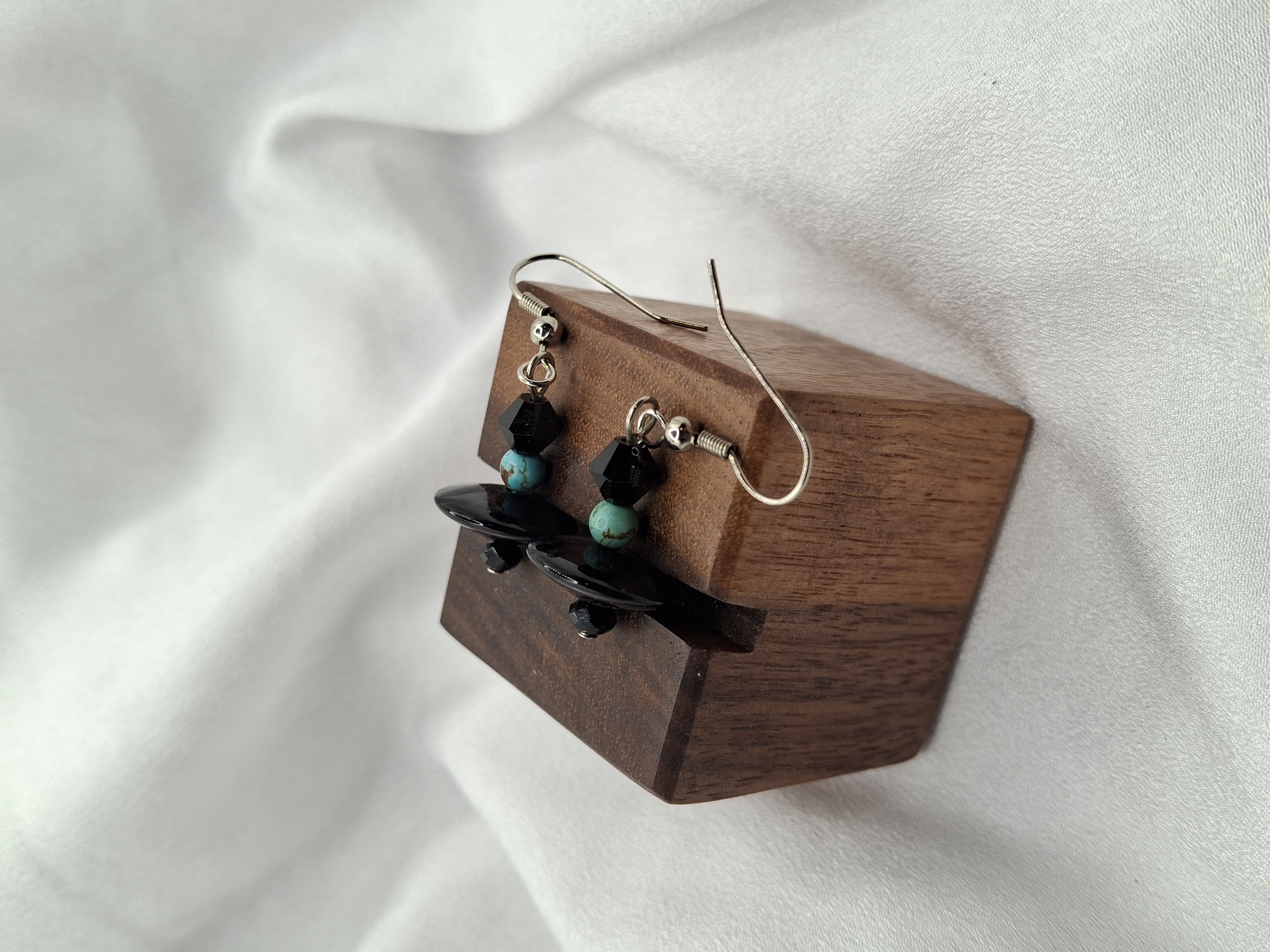 Image 4 for Vintage Handmade Turquoise Beads with Black Disc Glass & Crystals Dangle Earrings