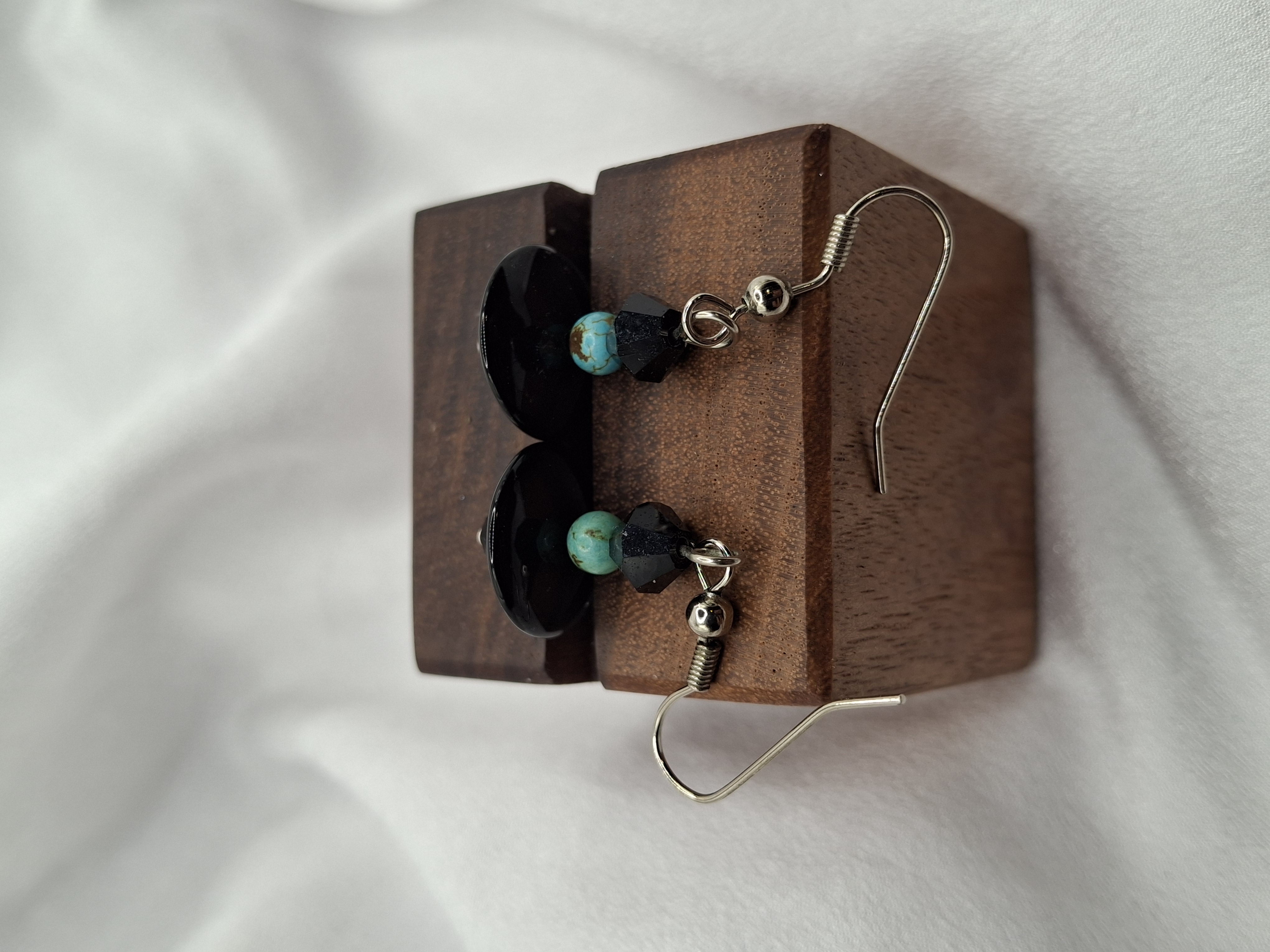 Image 5 for Vintage Handmade Turquoise Beads with Black Disc Glass & Crystals Dangle Earrings