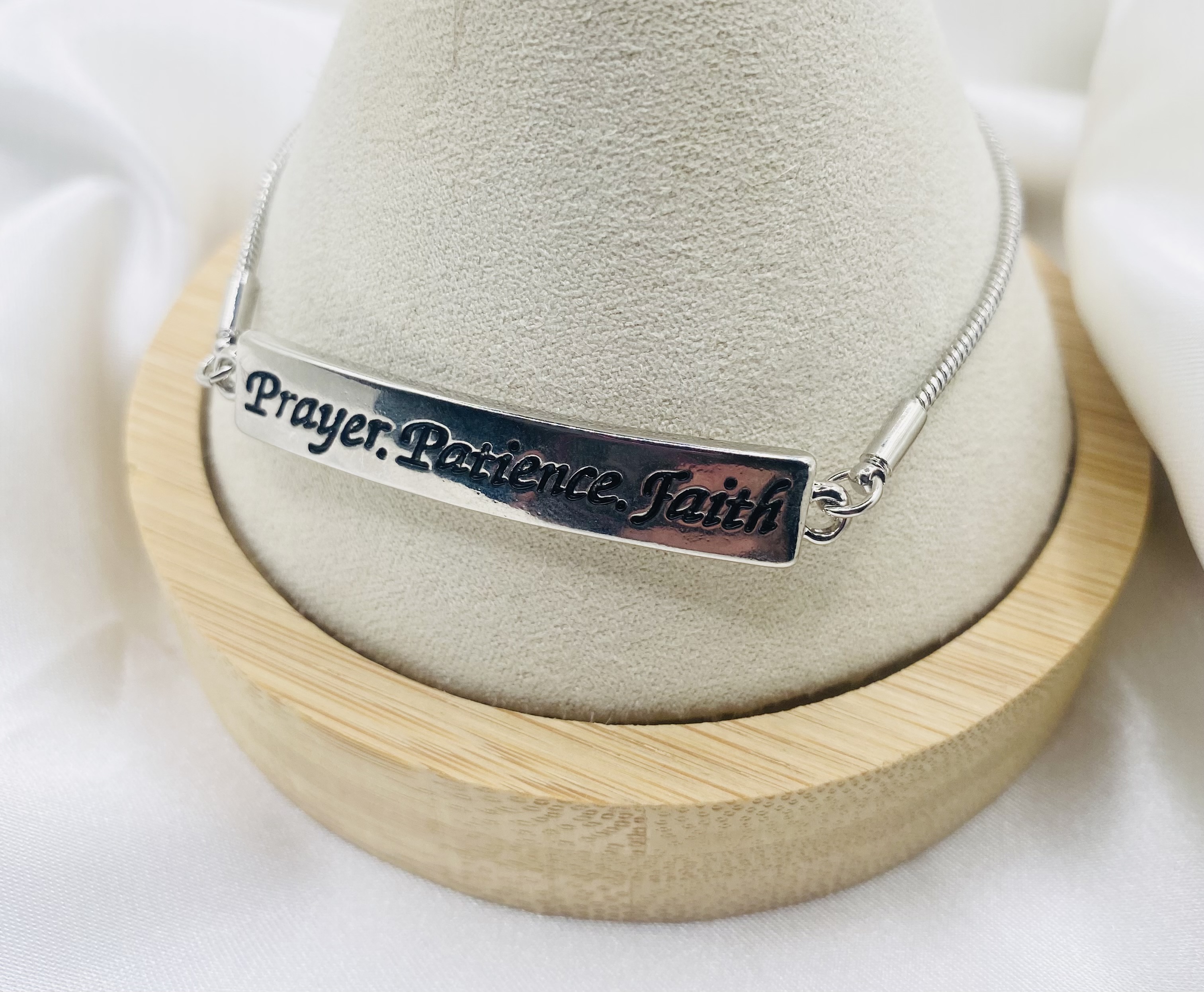 Image 3 for Inspirational "Prayer. Patience. Faith" Silver Bracelet - NWT