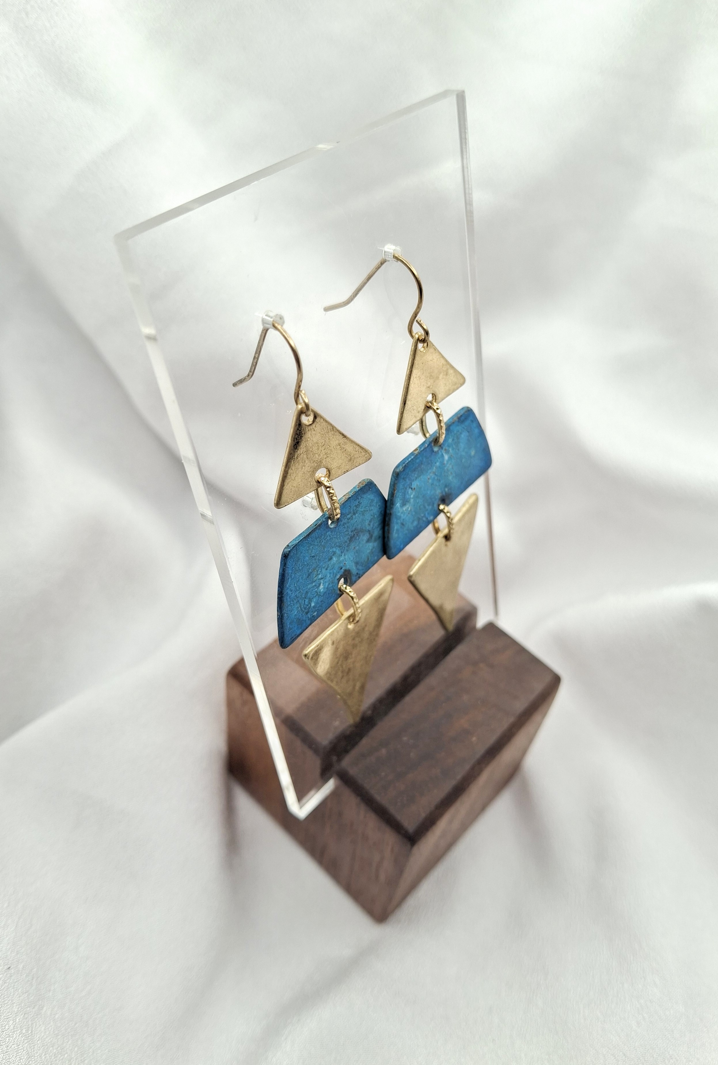 Image 2 for Unique Geometric Teal & Gold Dangle Drop Earrings