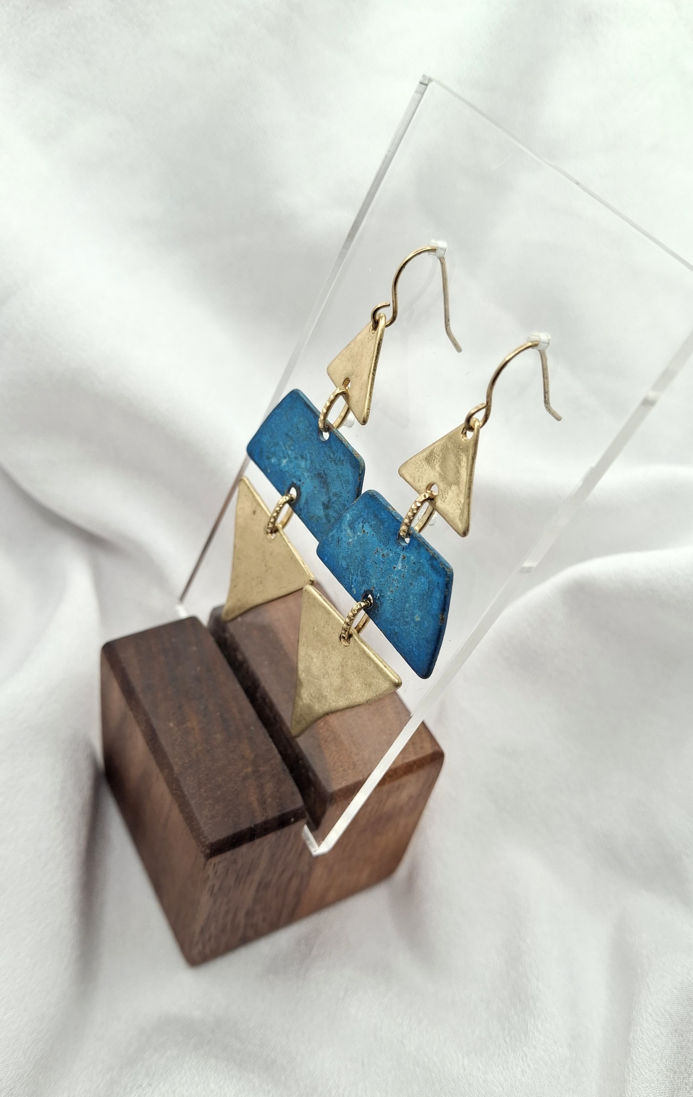 Image 3 for Unique Geometric Teal & Gold Dangle Drop Earrings