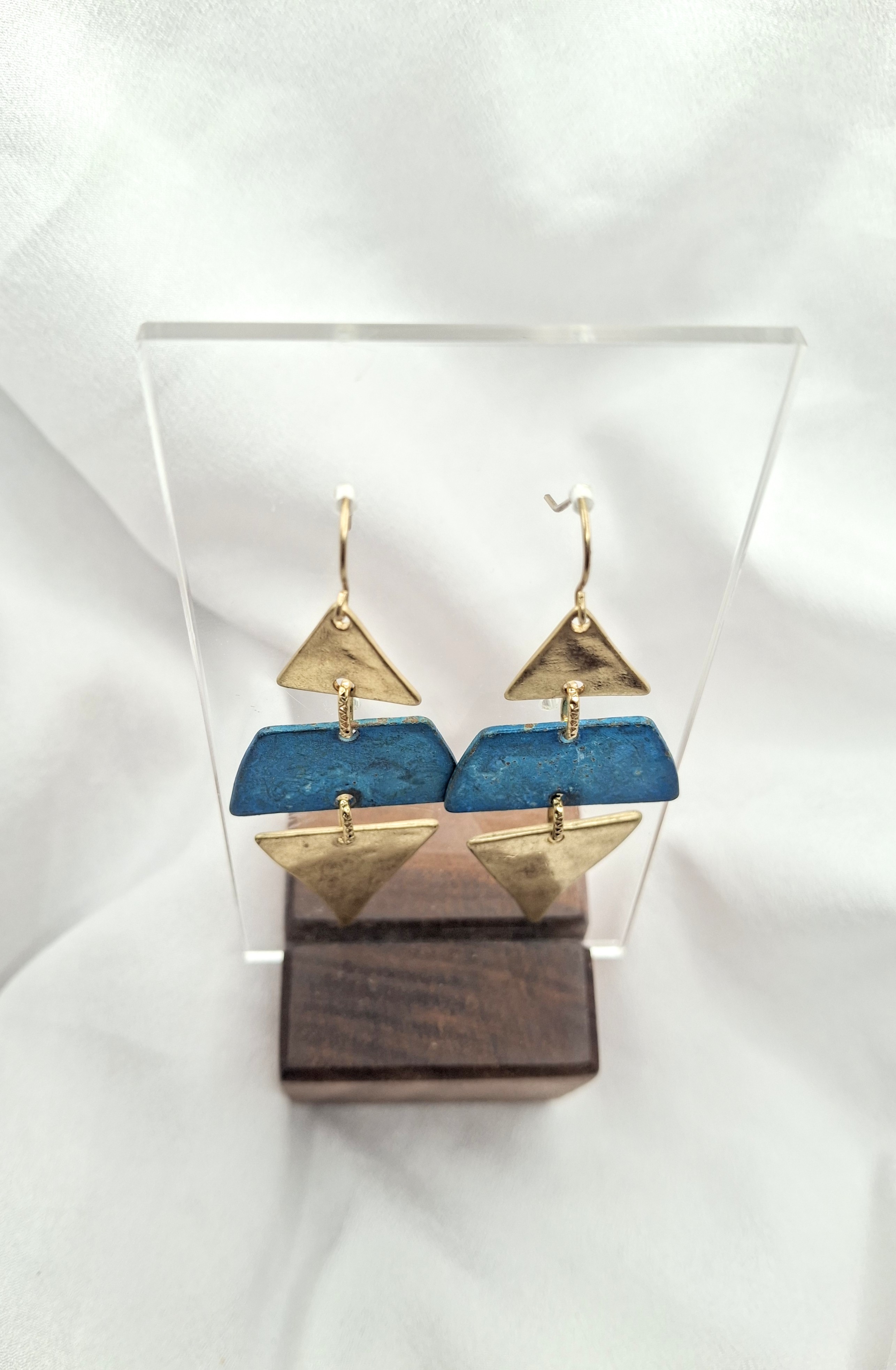 Image 4 for Unique Geometric Teal & Gold Dangle Drop Earrings