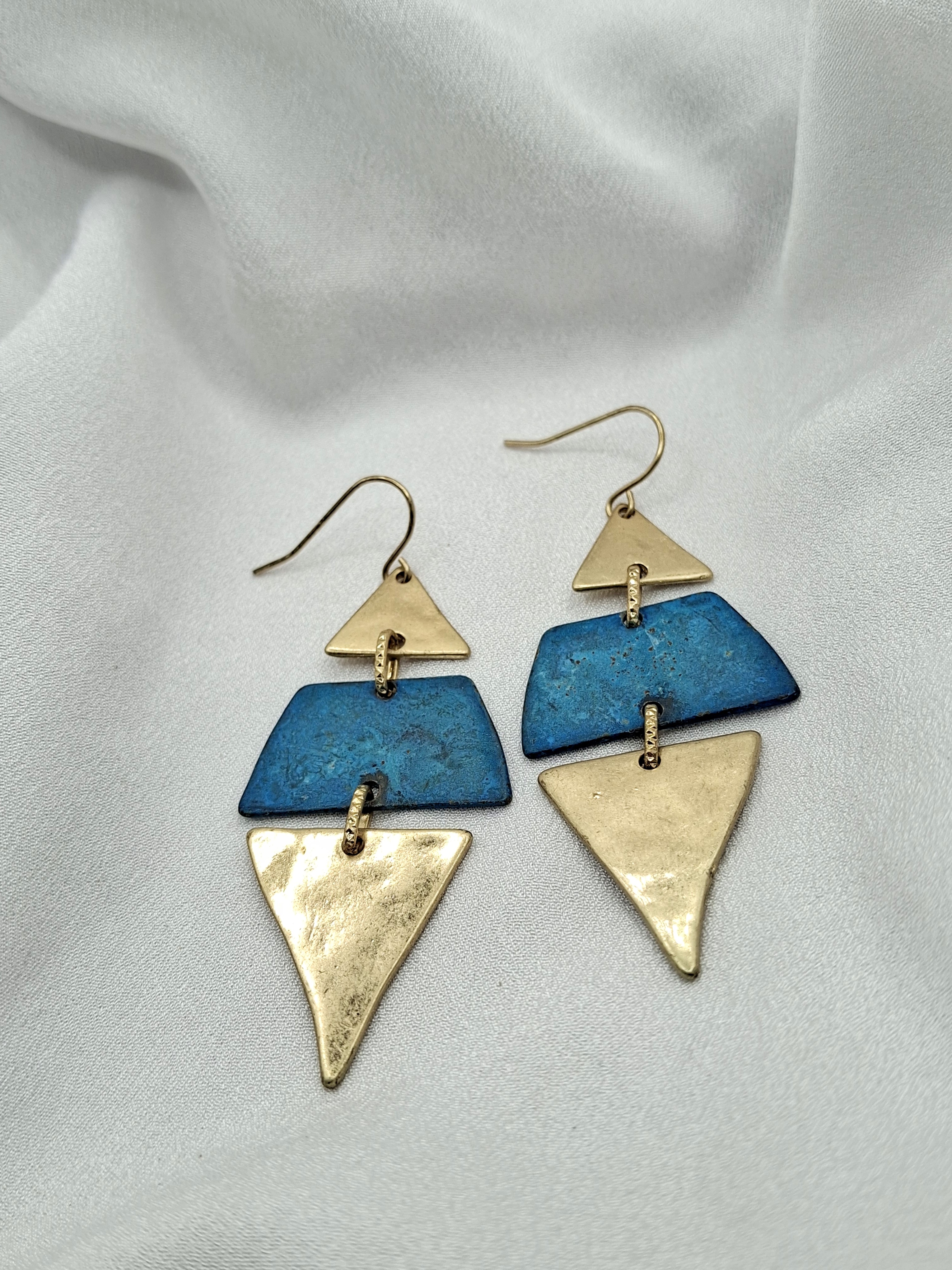 Image 6 for Unique Geometric Teal & Gold Dangle Drop Earrings