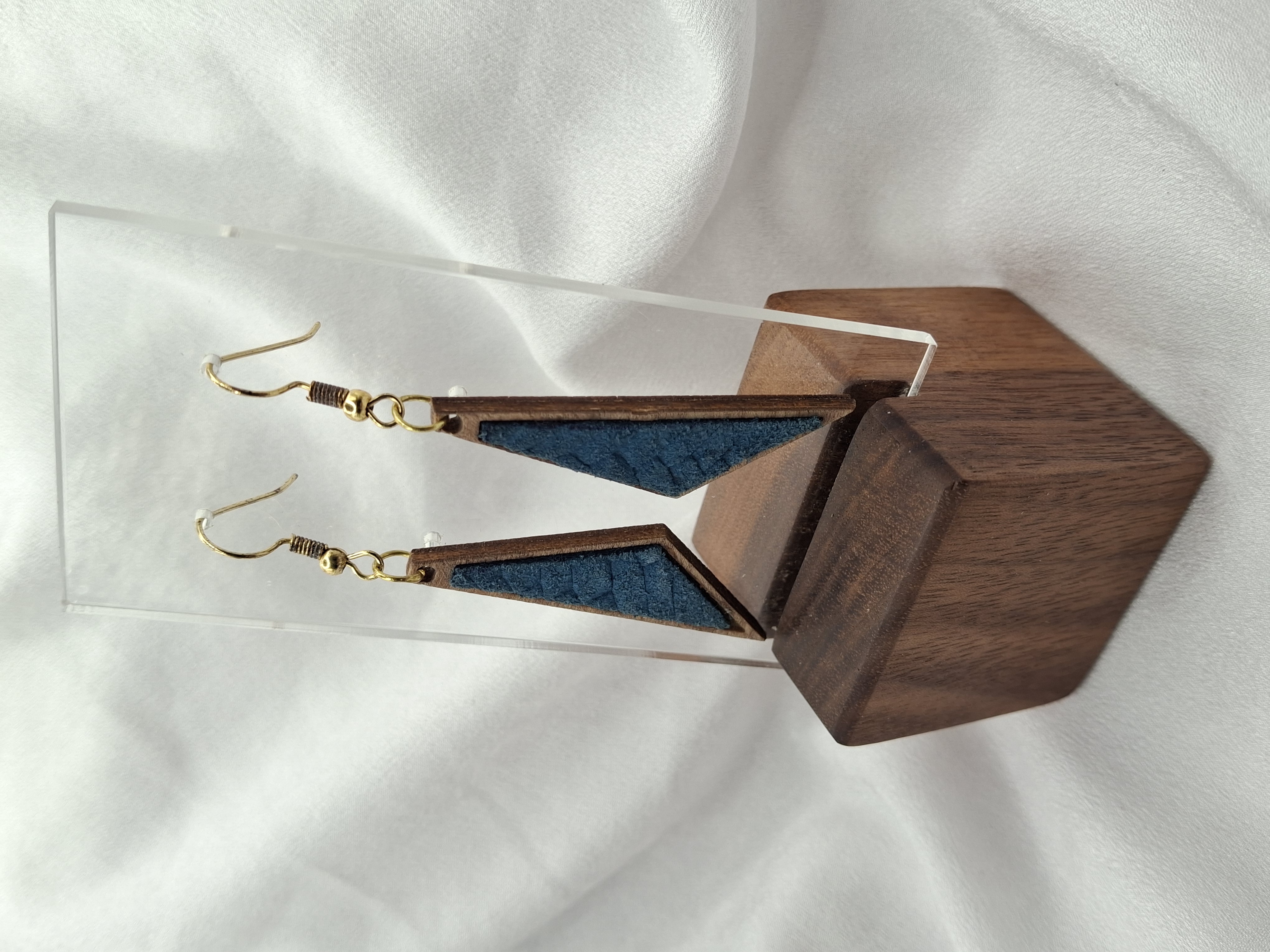 Image 3 for Unique Handmade Geometric Teal Leather & Wood Triangle Earrings