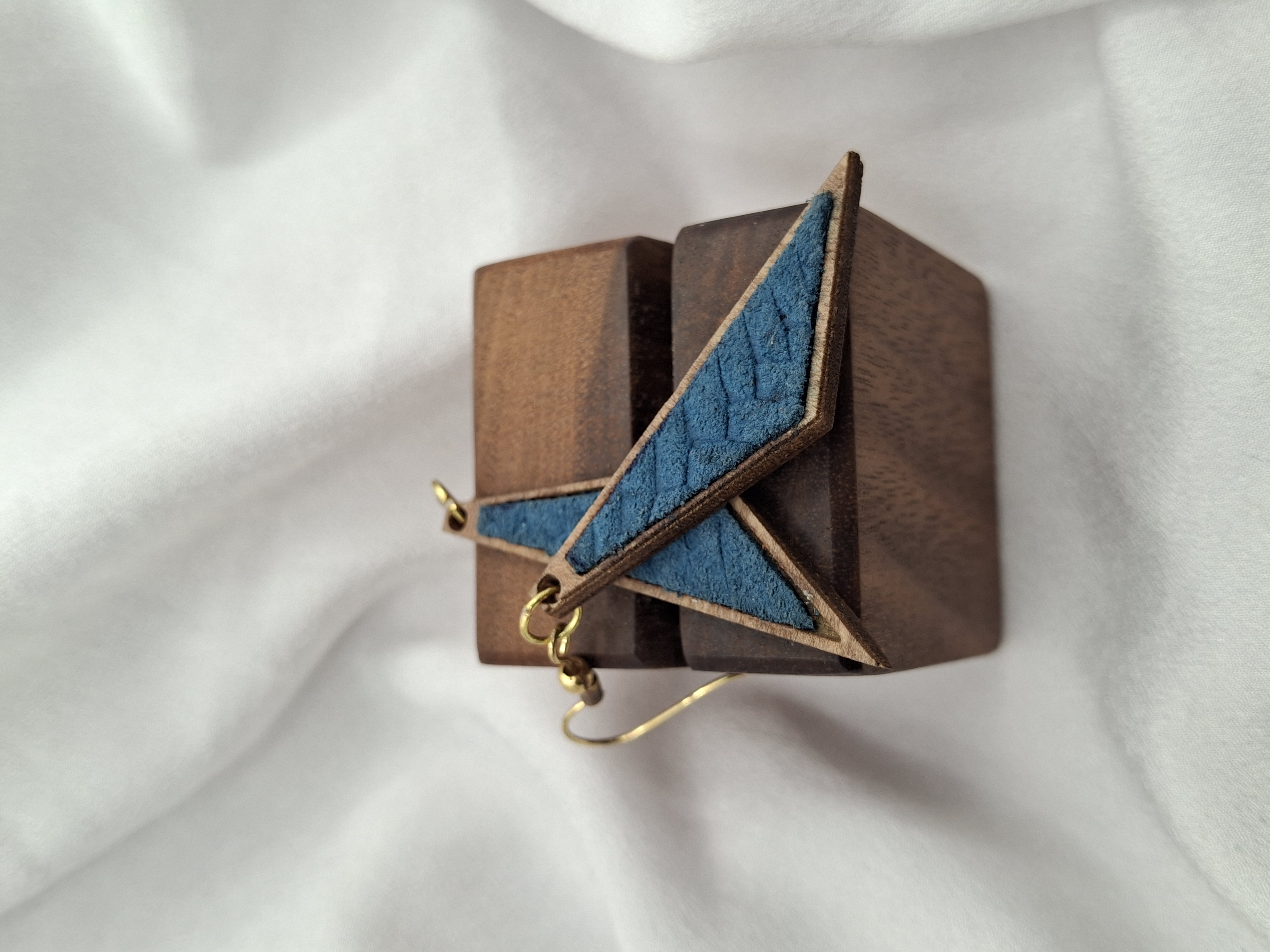 Image 2 for Unique Handmade Geometric Teal Leather & Wood Triangle Earrings