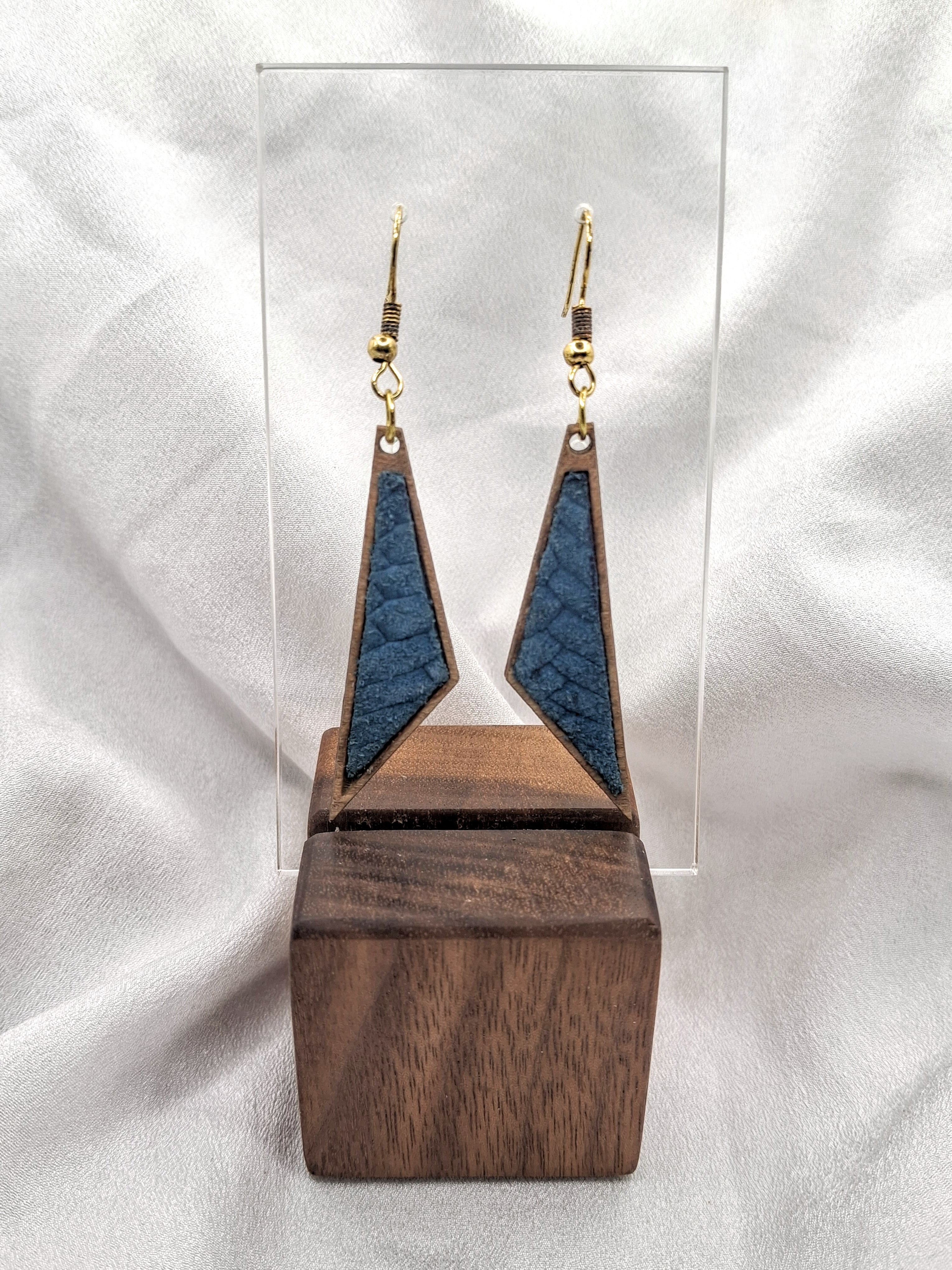 Unique Handmade Geometric Teal Leather & Wood Triangle Earrings