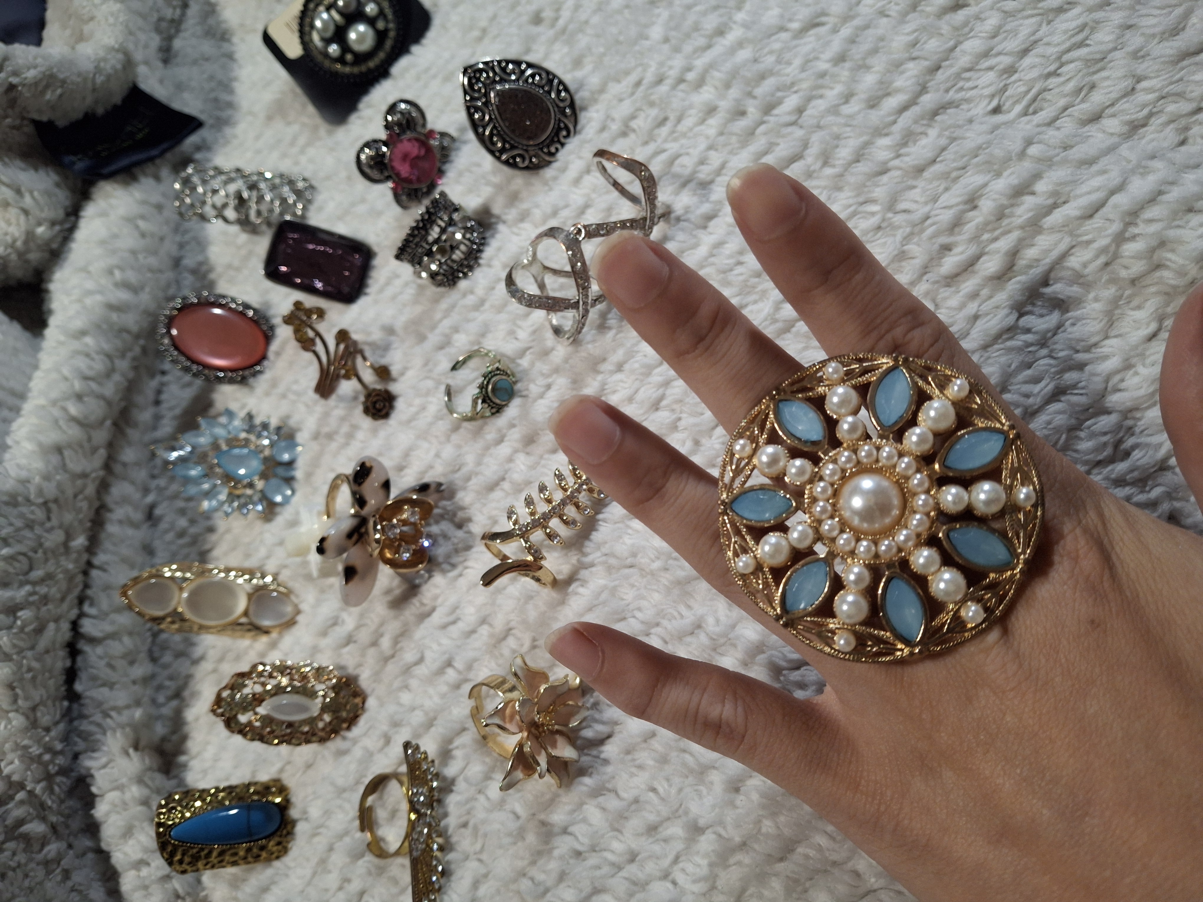 Vintage Adjustable Pearl Large Statement Ring - Gold & Blue