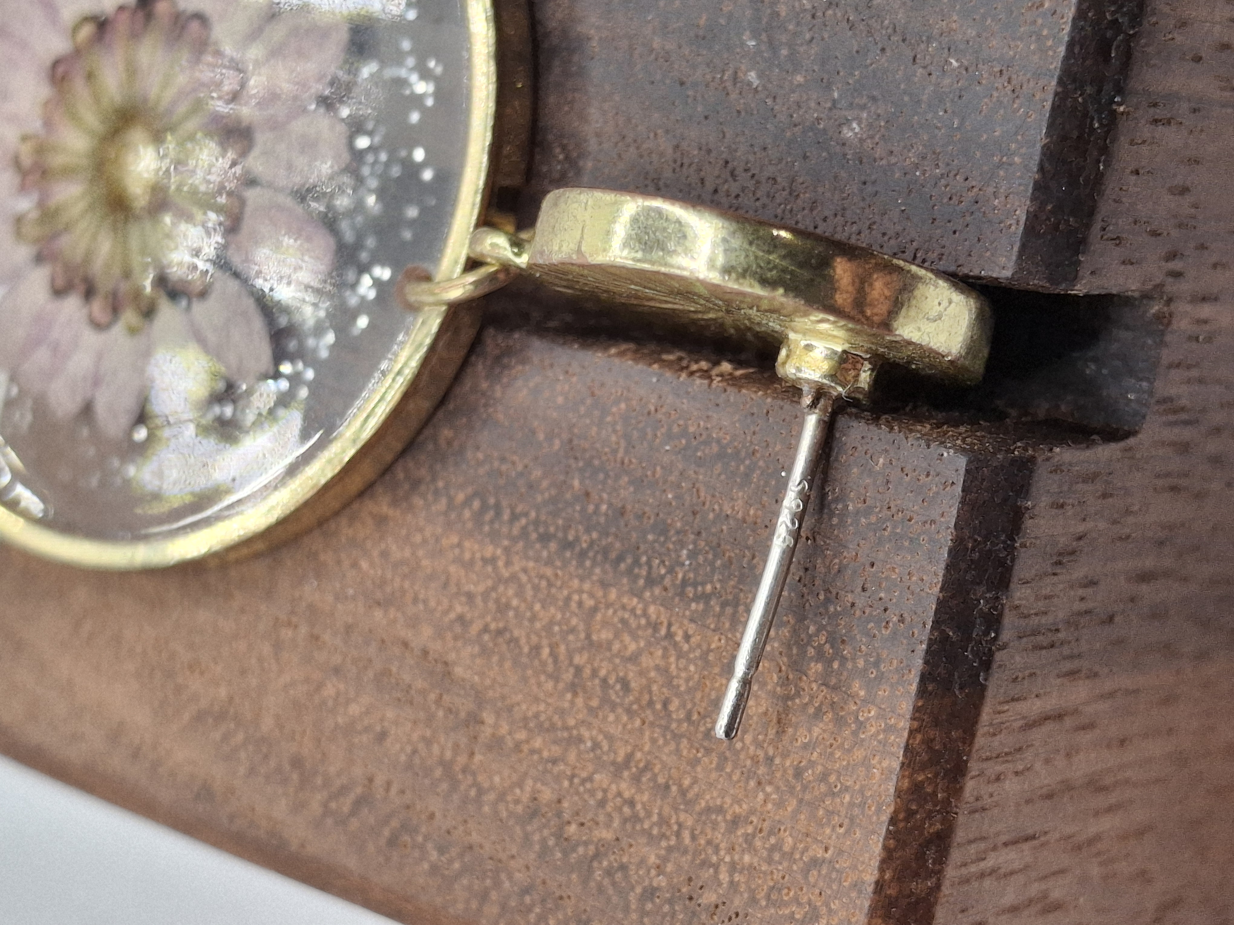 Image 5 for Gold Toned Bright Purple Pressed Flower Earrings 925 Silver