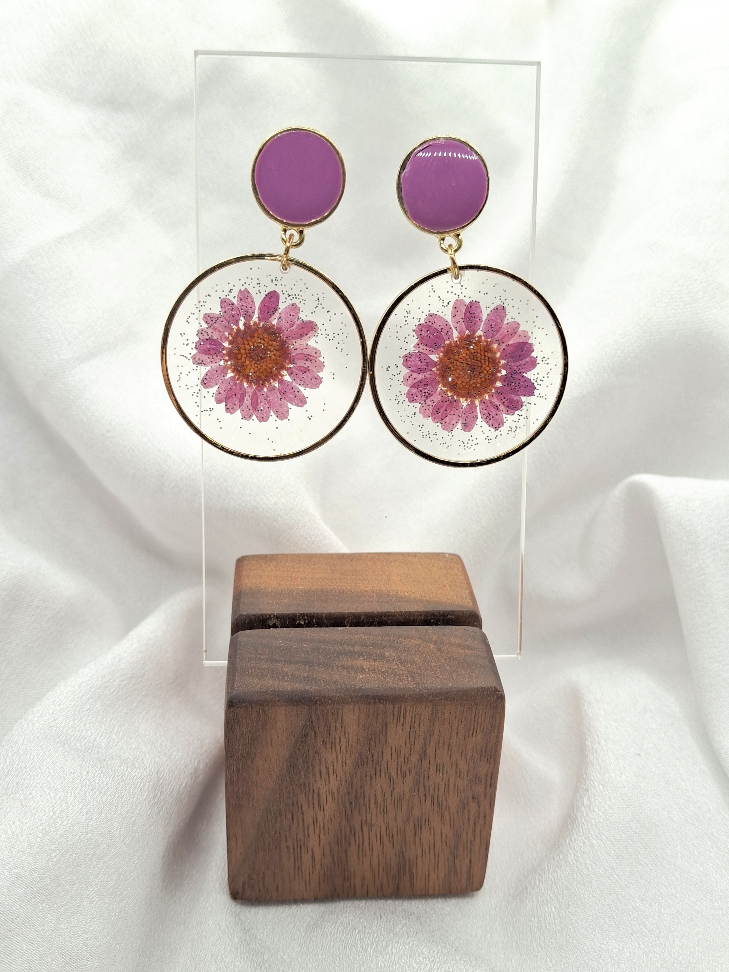 Image 3 for Gold Toned Bright Purple Pressed Flower Earrings 925 Silver