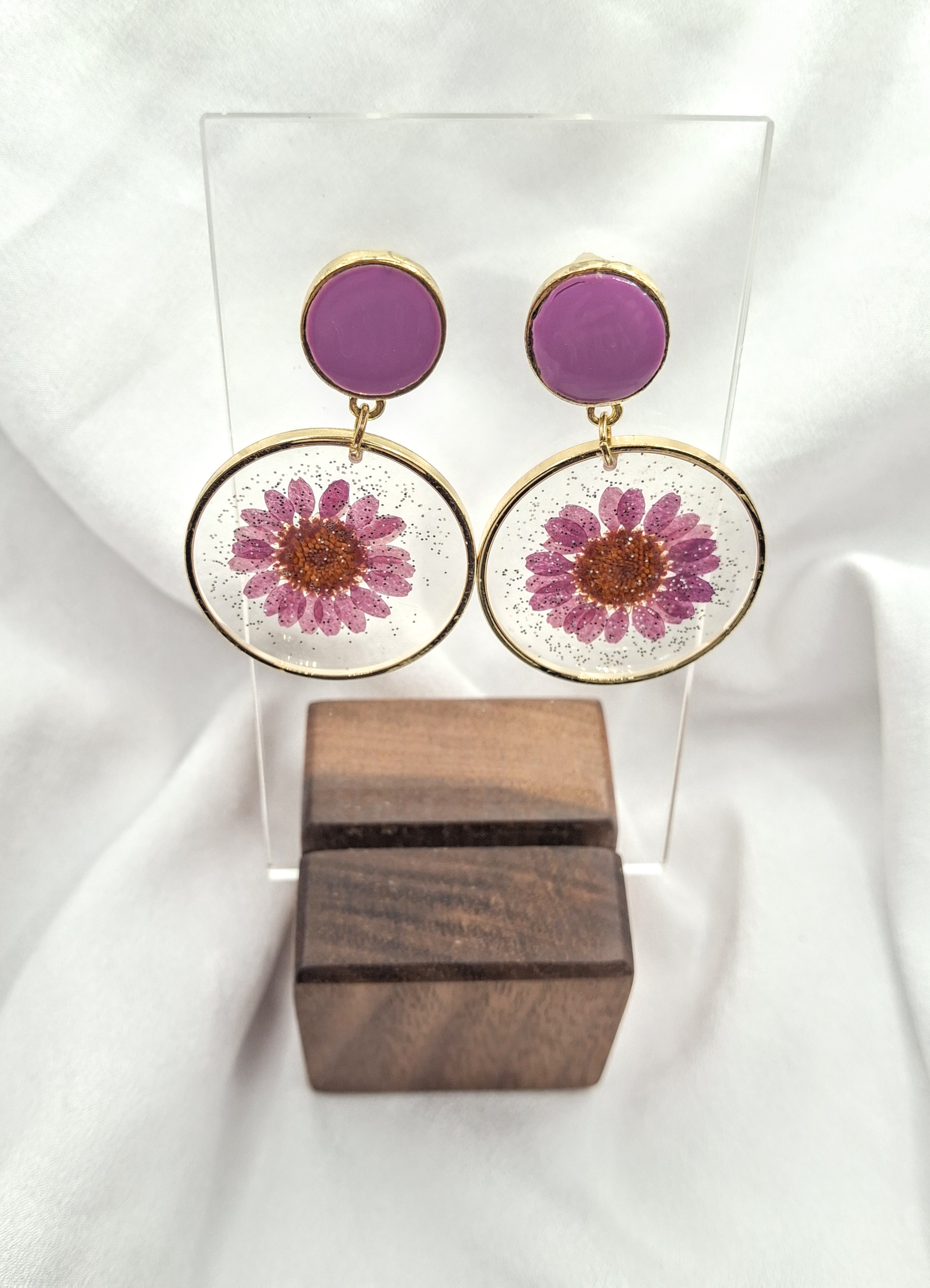 Image 2 for Gold Toned Bright Purple Pressed Flower Earrings 925 Silver