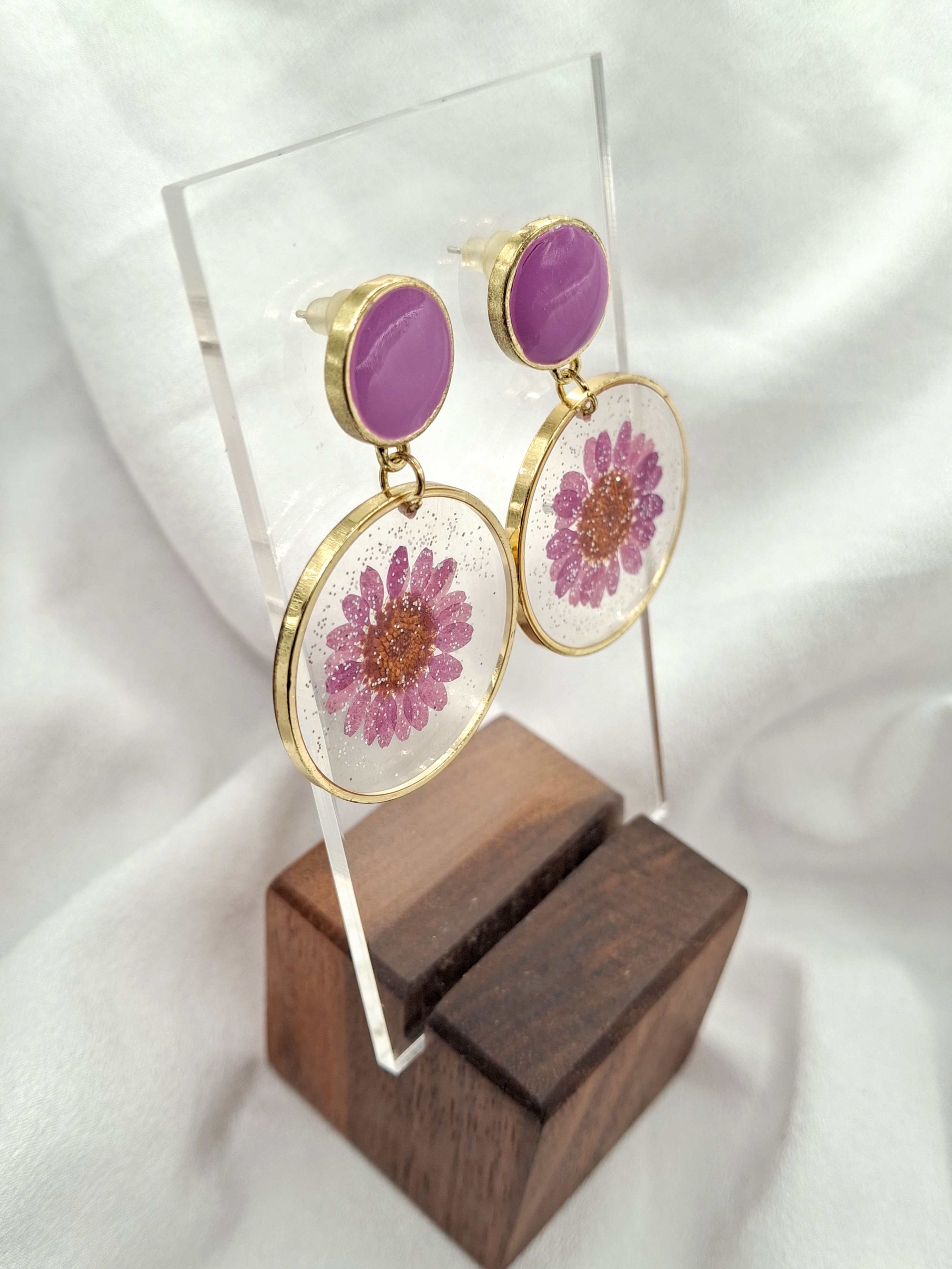 Image 4 for Gold Toned Bright Purple Pressed Flower Earrings 925 Silver