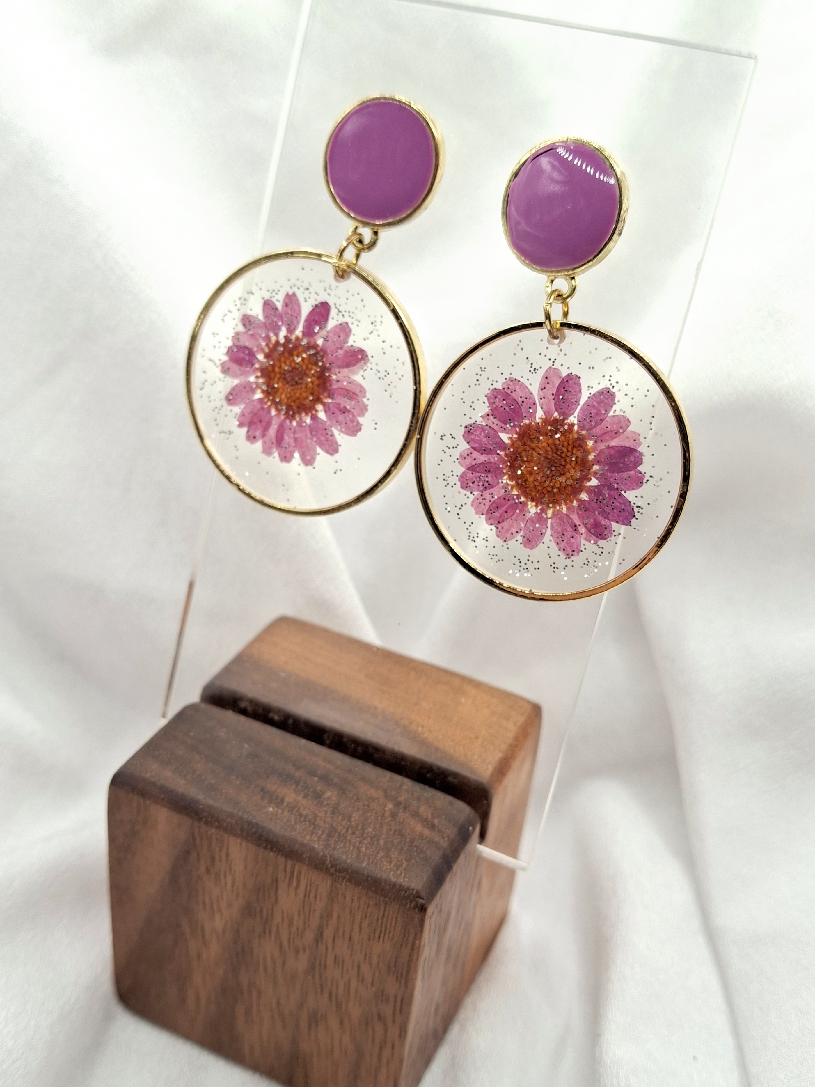 Gold Toned Bright Purple Pressed Flower Earrings 925 Silver
