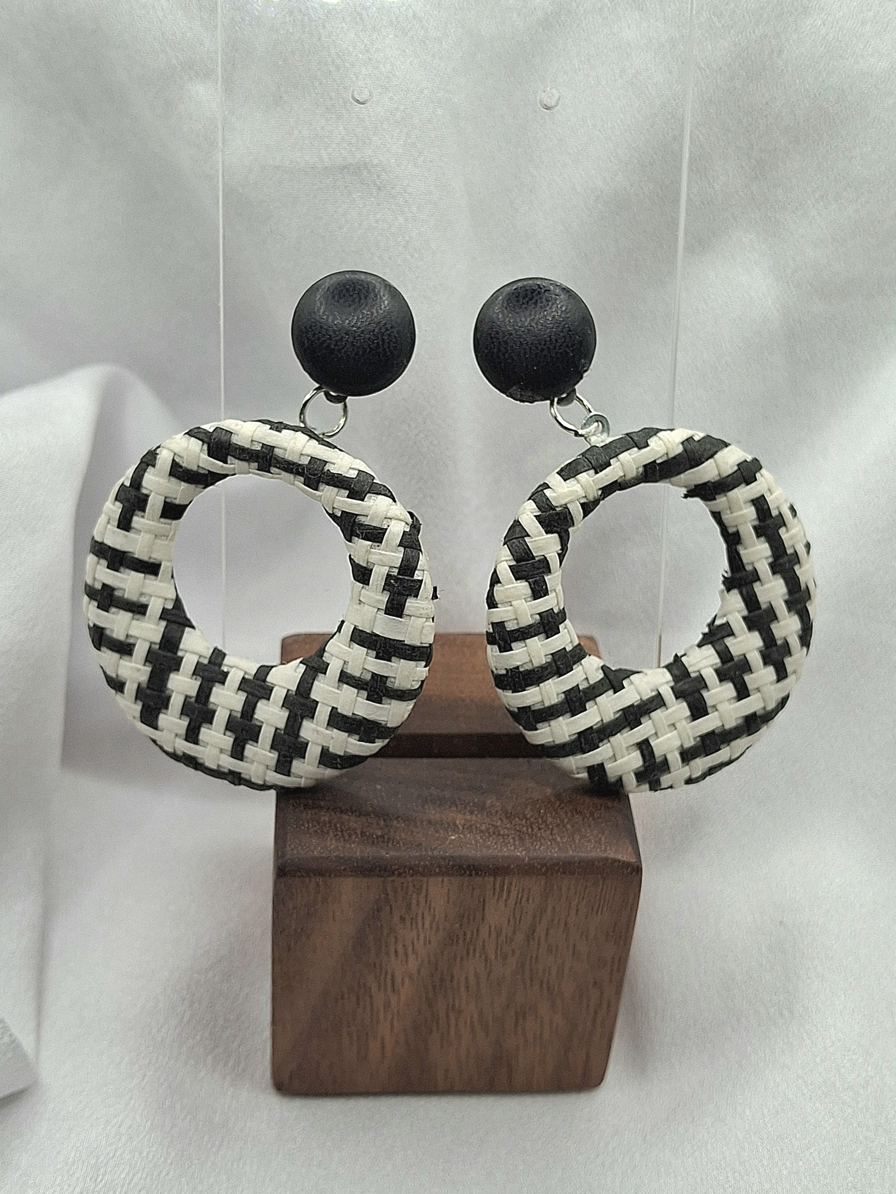 Image 3 for Black & White Woven Rattan Circle Drop Dangle Earrings