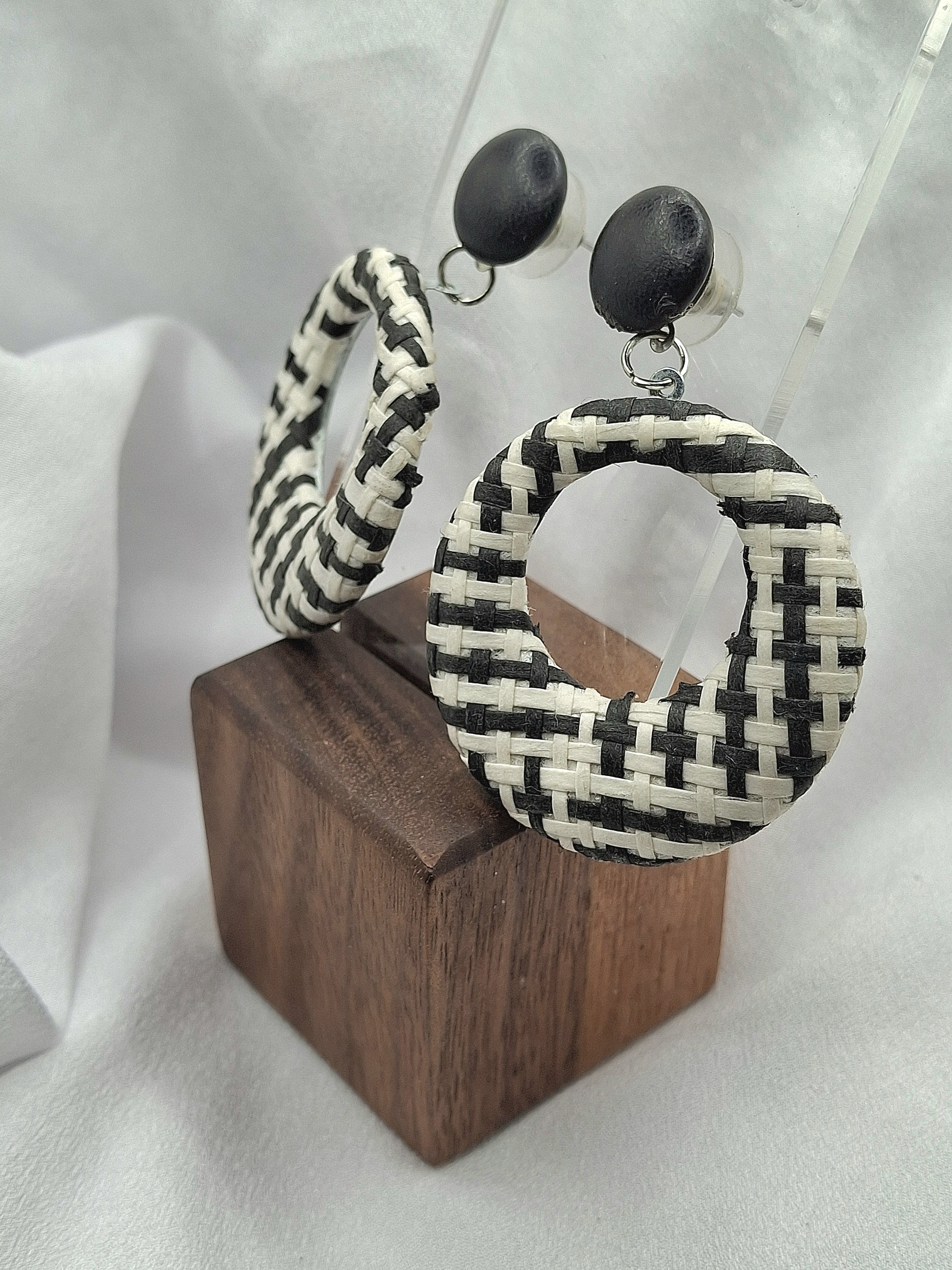 Image 2 for Black & White Woven Rattan Circle Drop Dangle Earrings