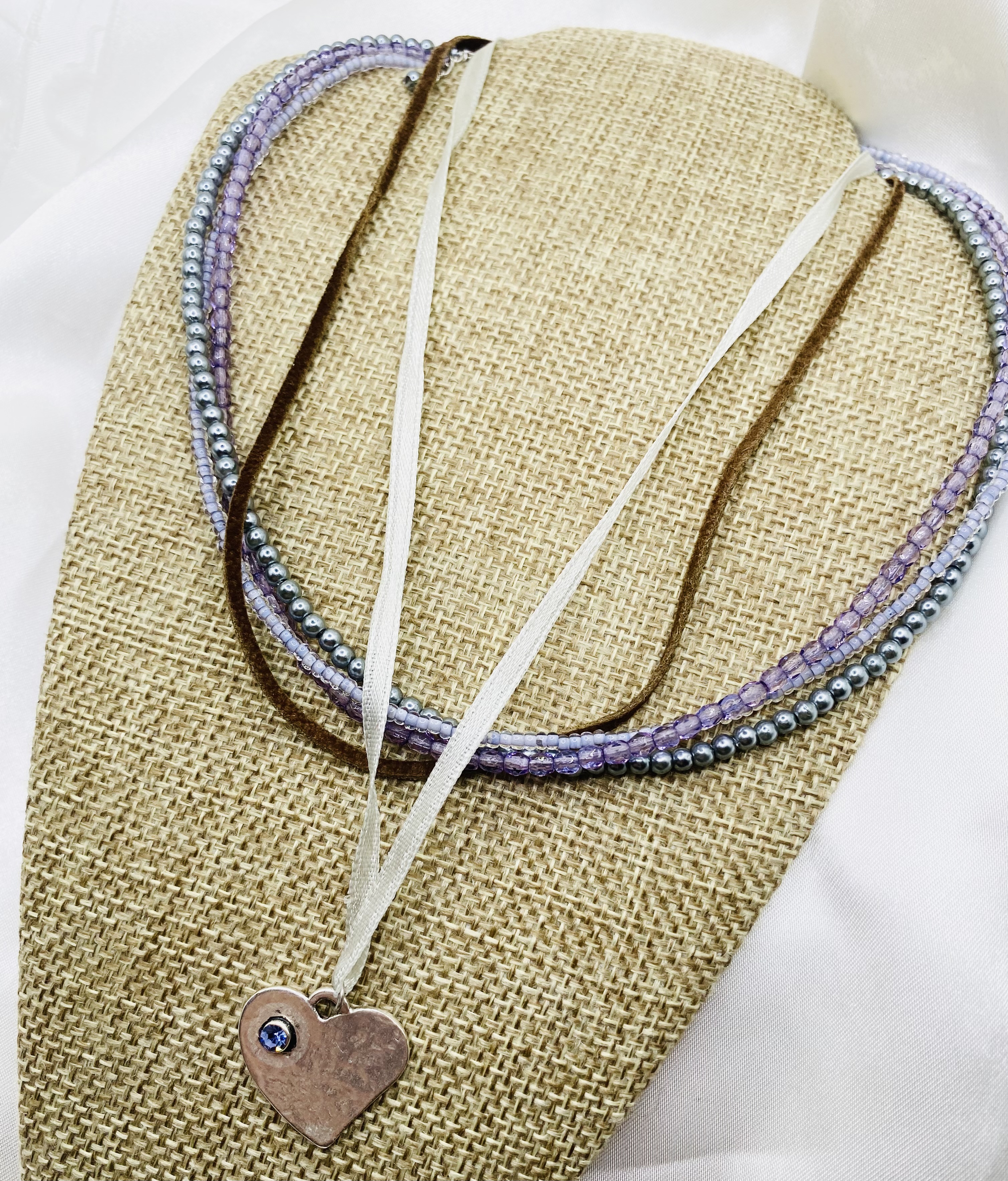 Image 4 for Layered Beaded Necklace with Heart Charm - Lavender & Silver