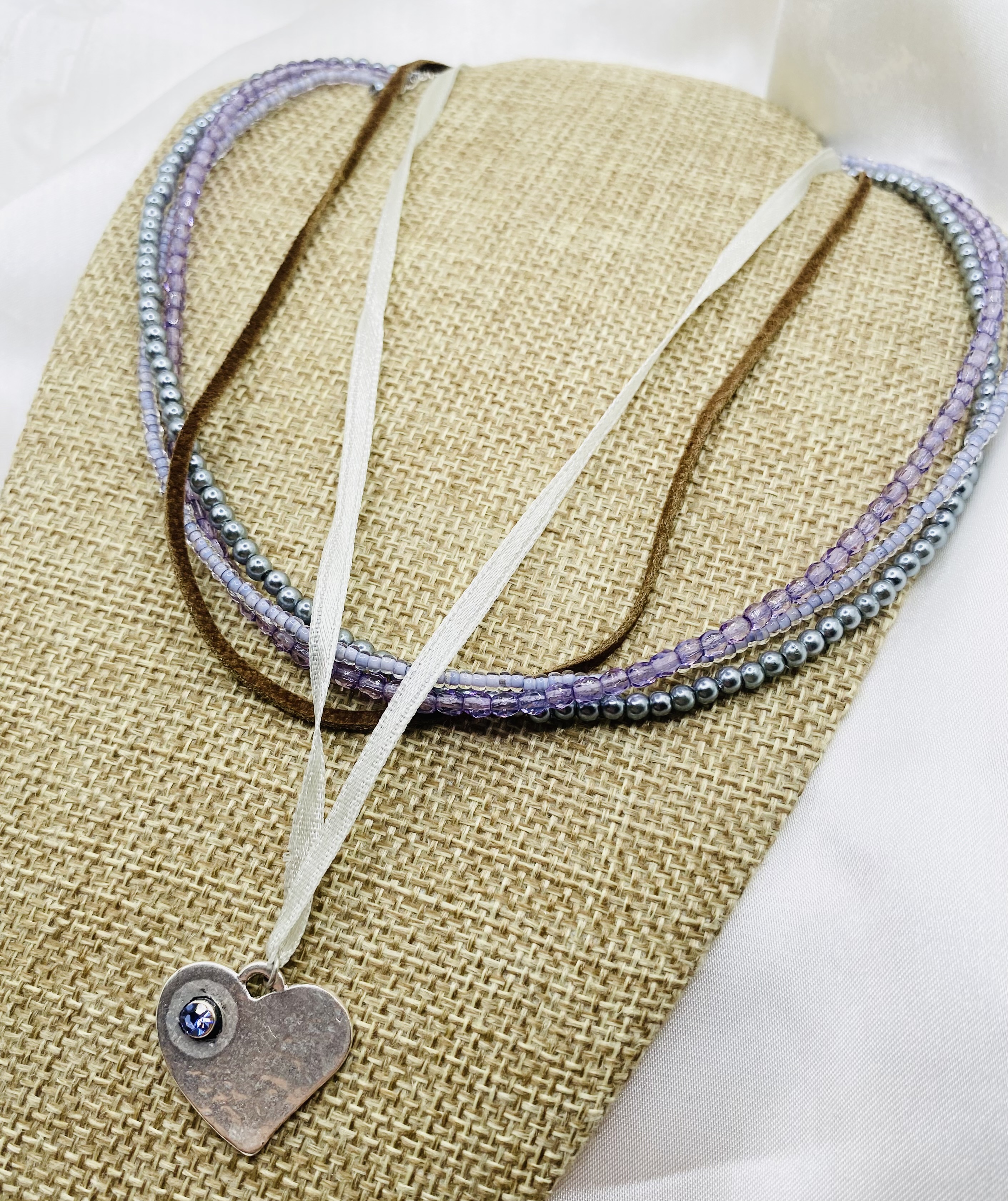 Layered Beaded Necklace with Heart Charm - Lavender & Silver