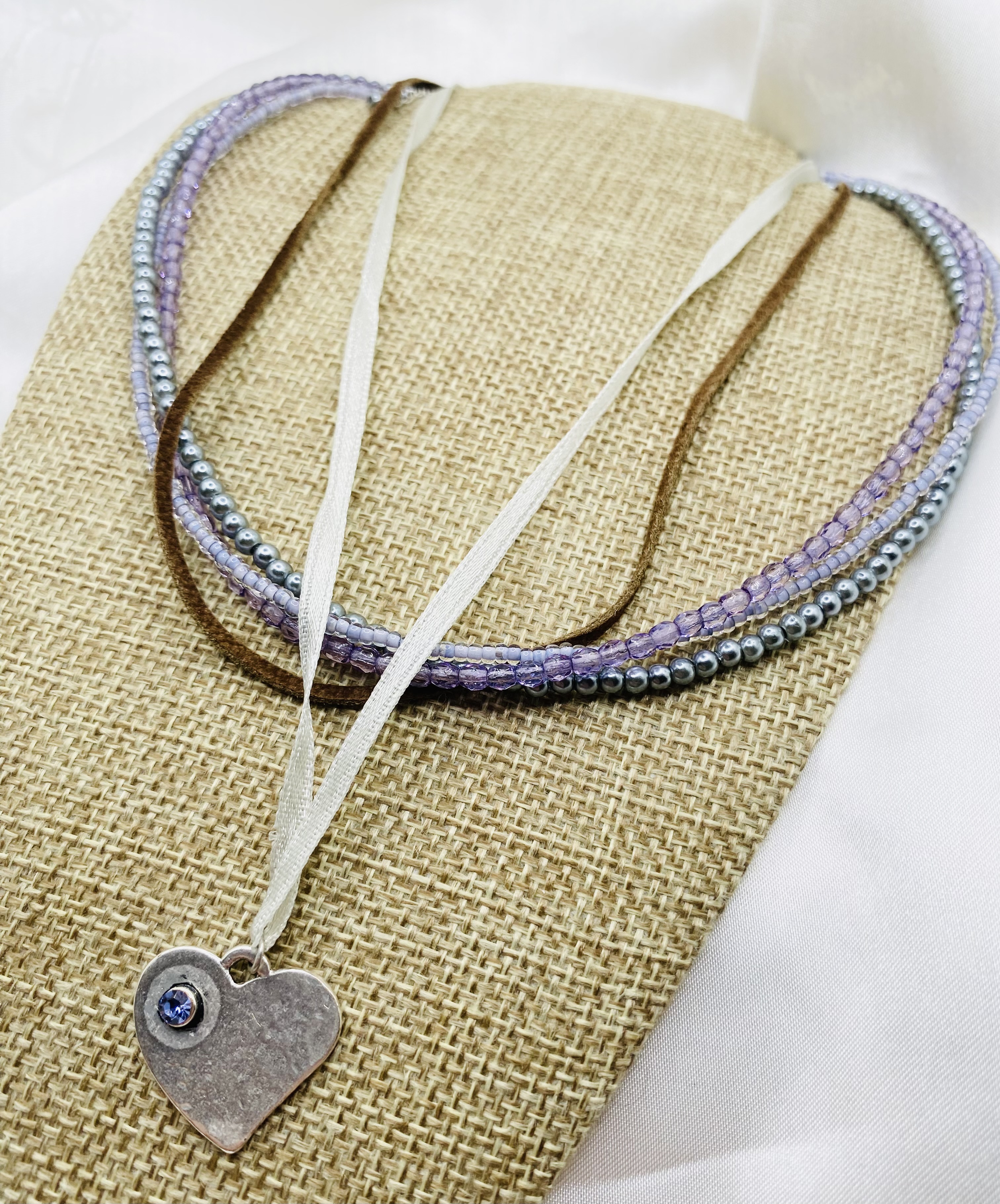 Image 2 for Layered Beaded Necklace with Heart Charm - Lavender & Silver