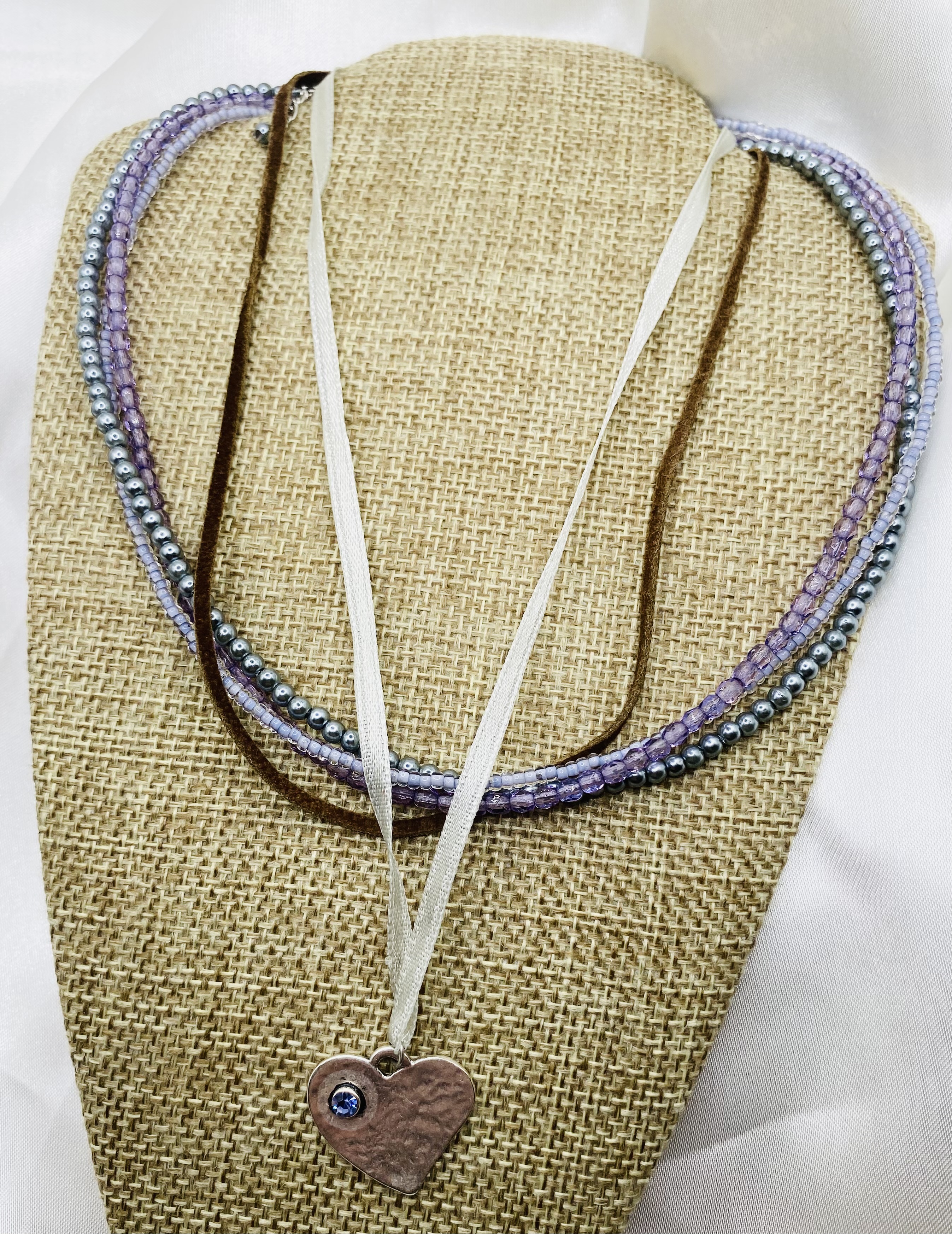 Image 3 for Layered Beaded Necklace with Heart Charm - Lavender & Silver