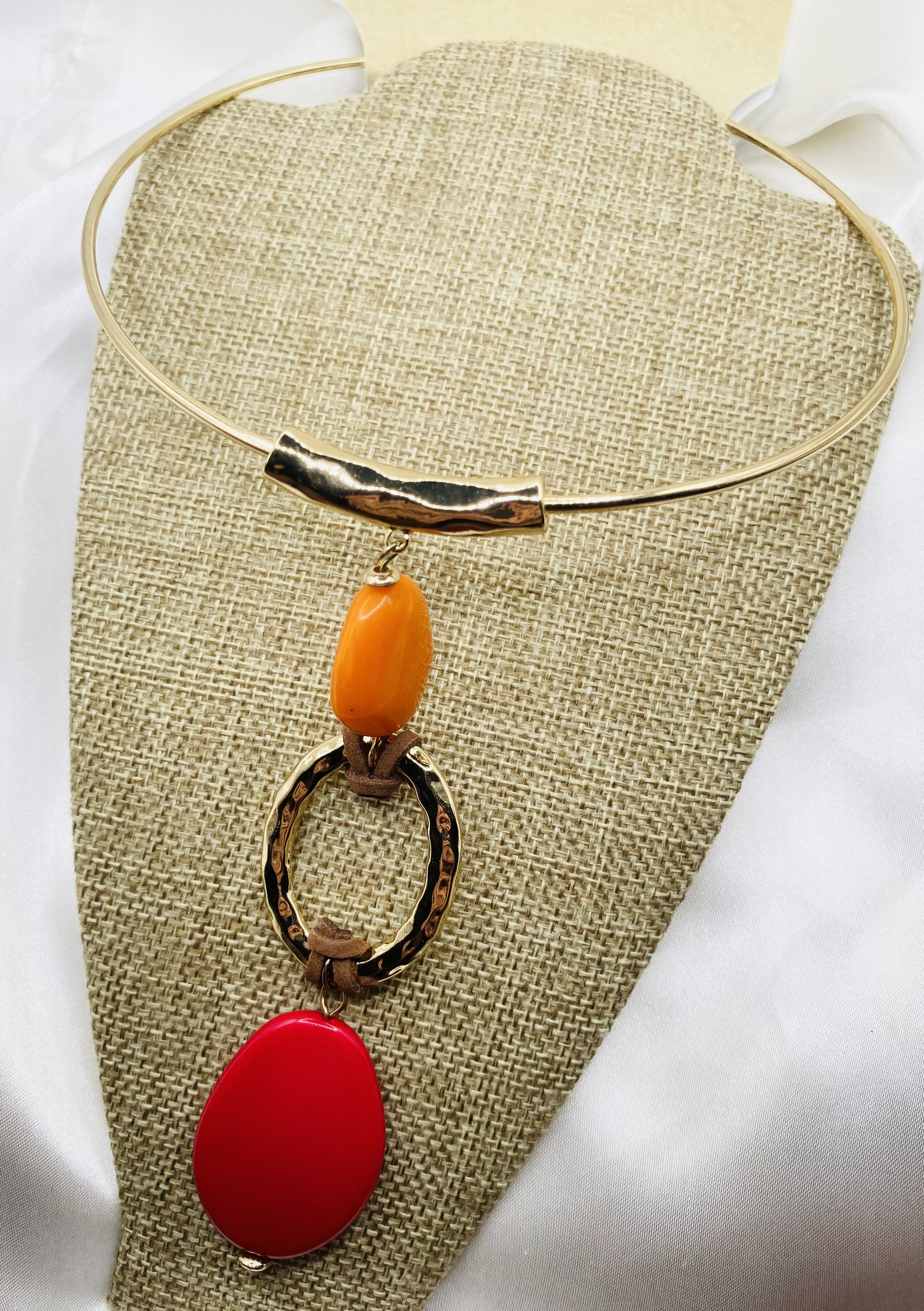 Image 5 for Statement Gold Choker Necklace w/Orange & Red Beads