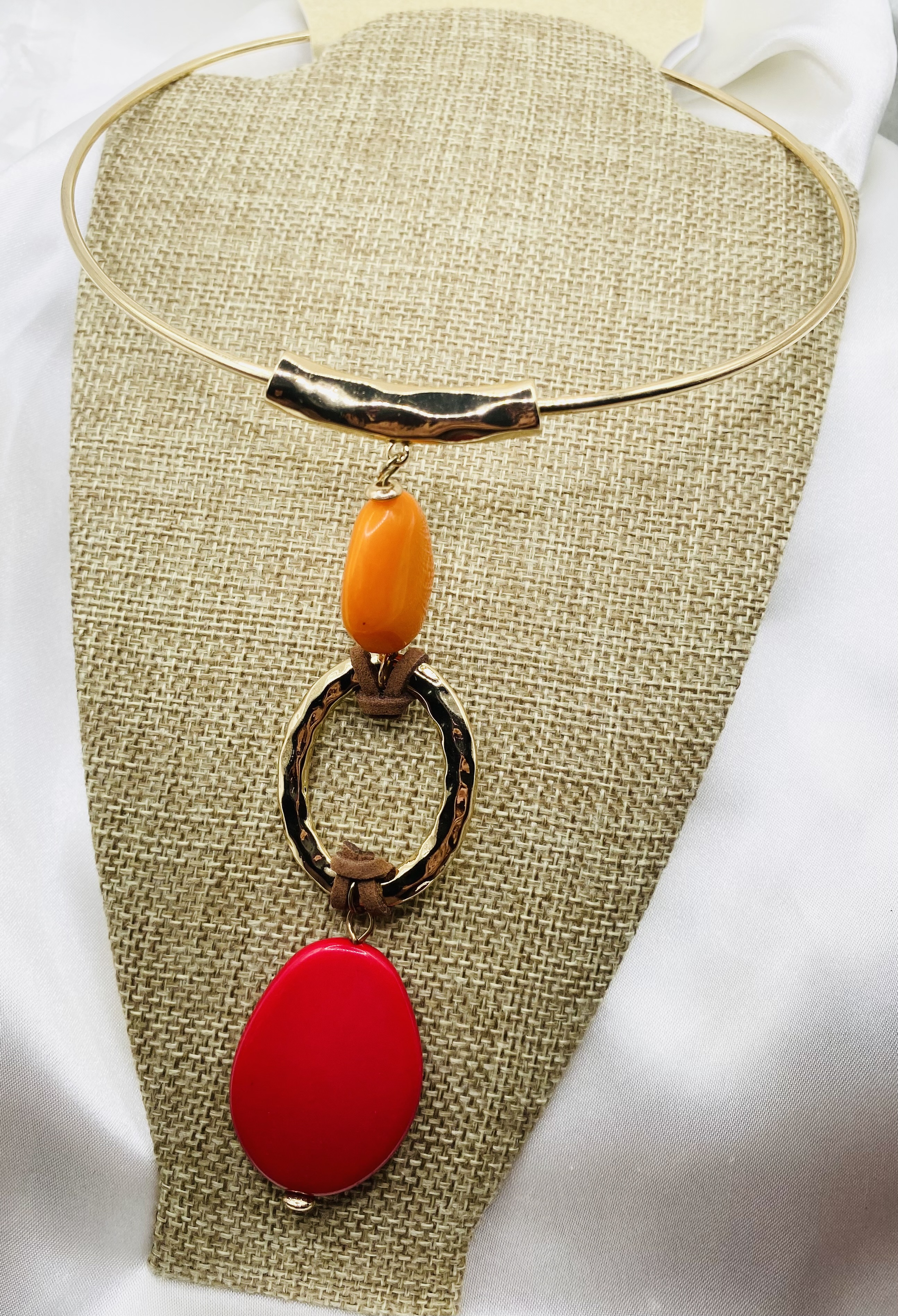 Statement Gold Choker Necklace w/Orange & Red Beads