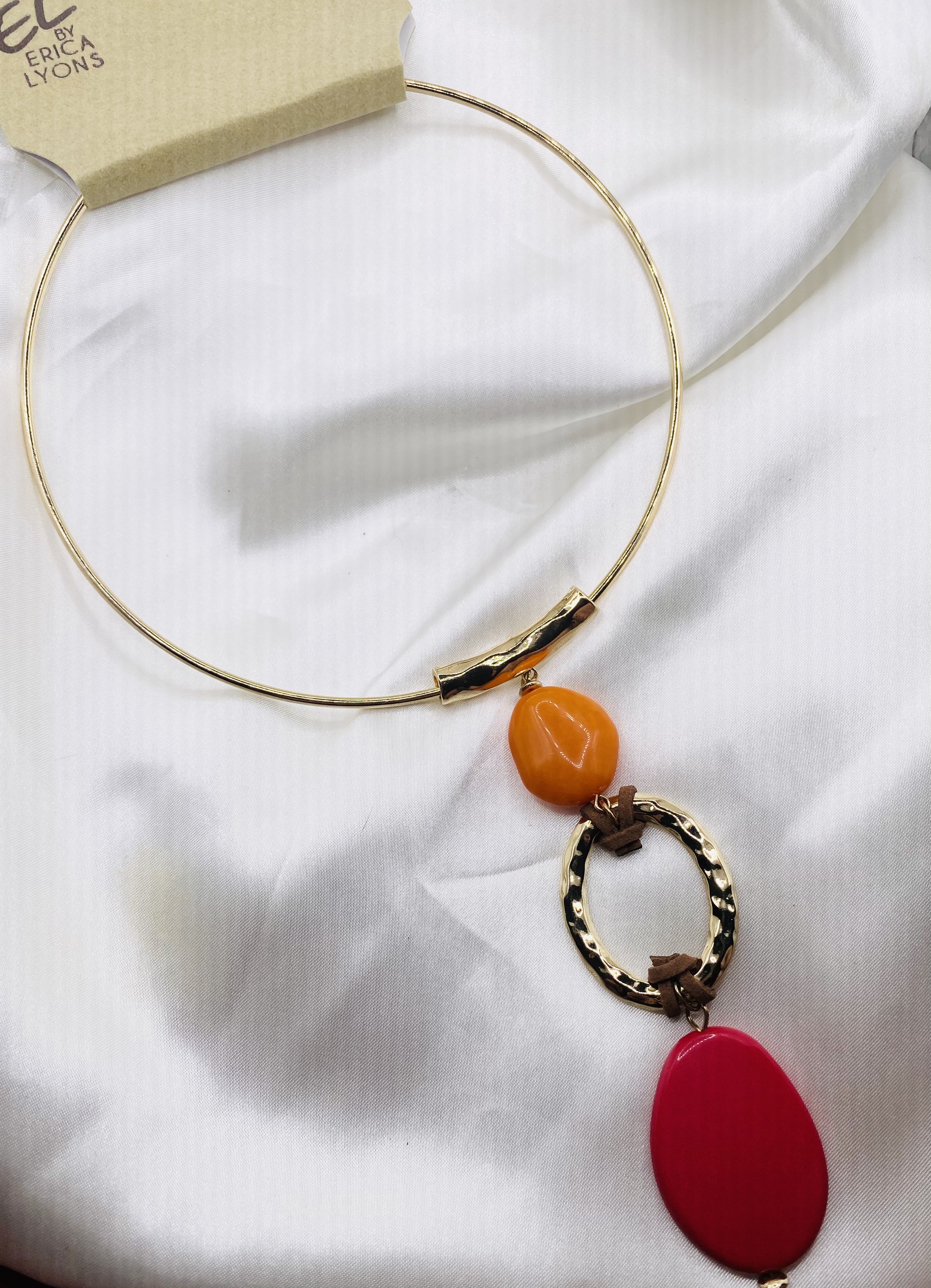 Image 2 for Statement Gold Choker Necklace w/Orange & Red Beads