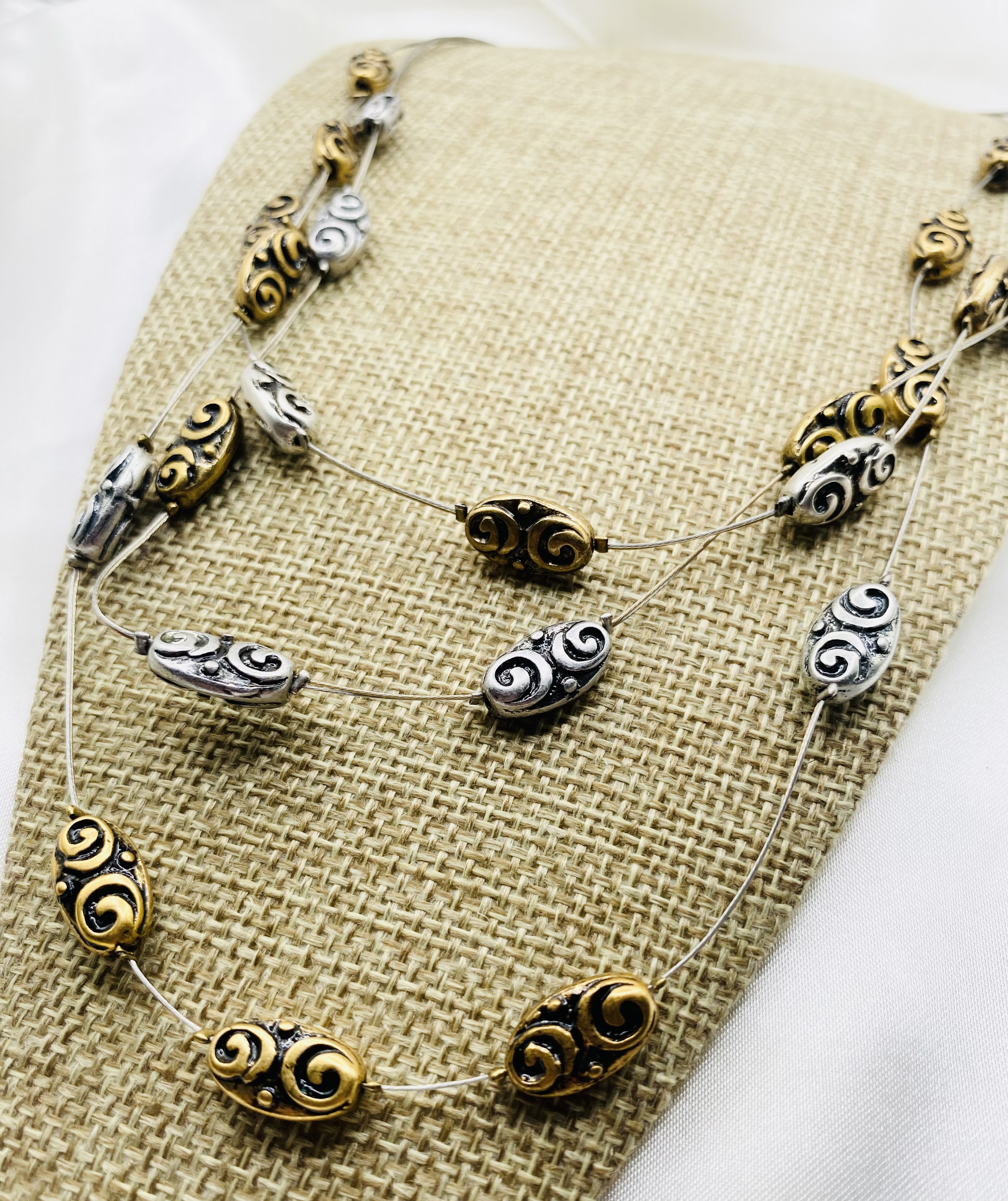 Image 4 for Elegant 3-Strand Swirl Beaded Necklace - Gold & Silver