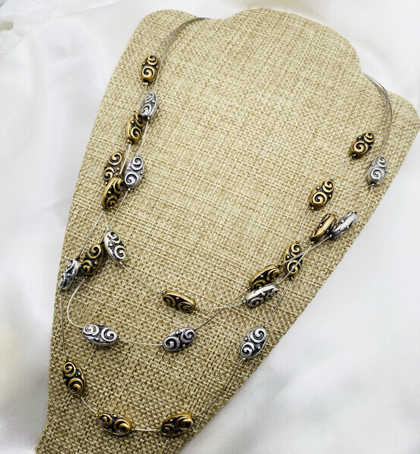 Image 6 for Elegant 3-Strand Swirl Beaded Necklace - Gold & Silver