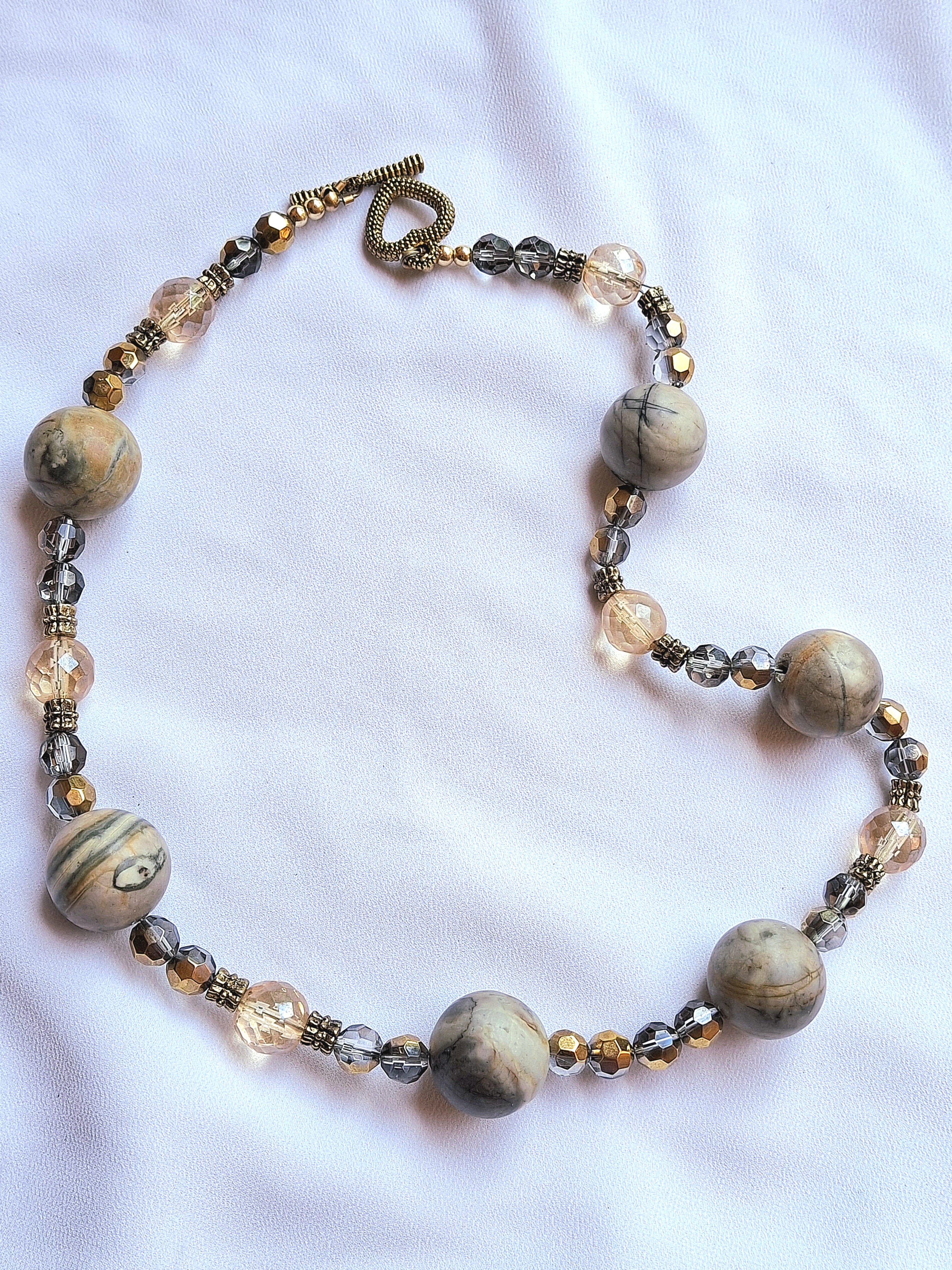 Artisan Jasper Stone & Crystal Beaded Necklace - EUC