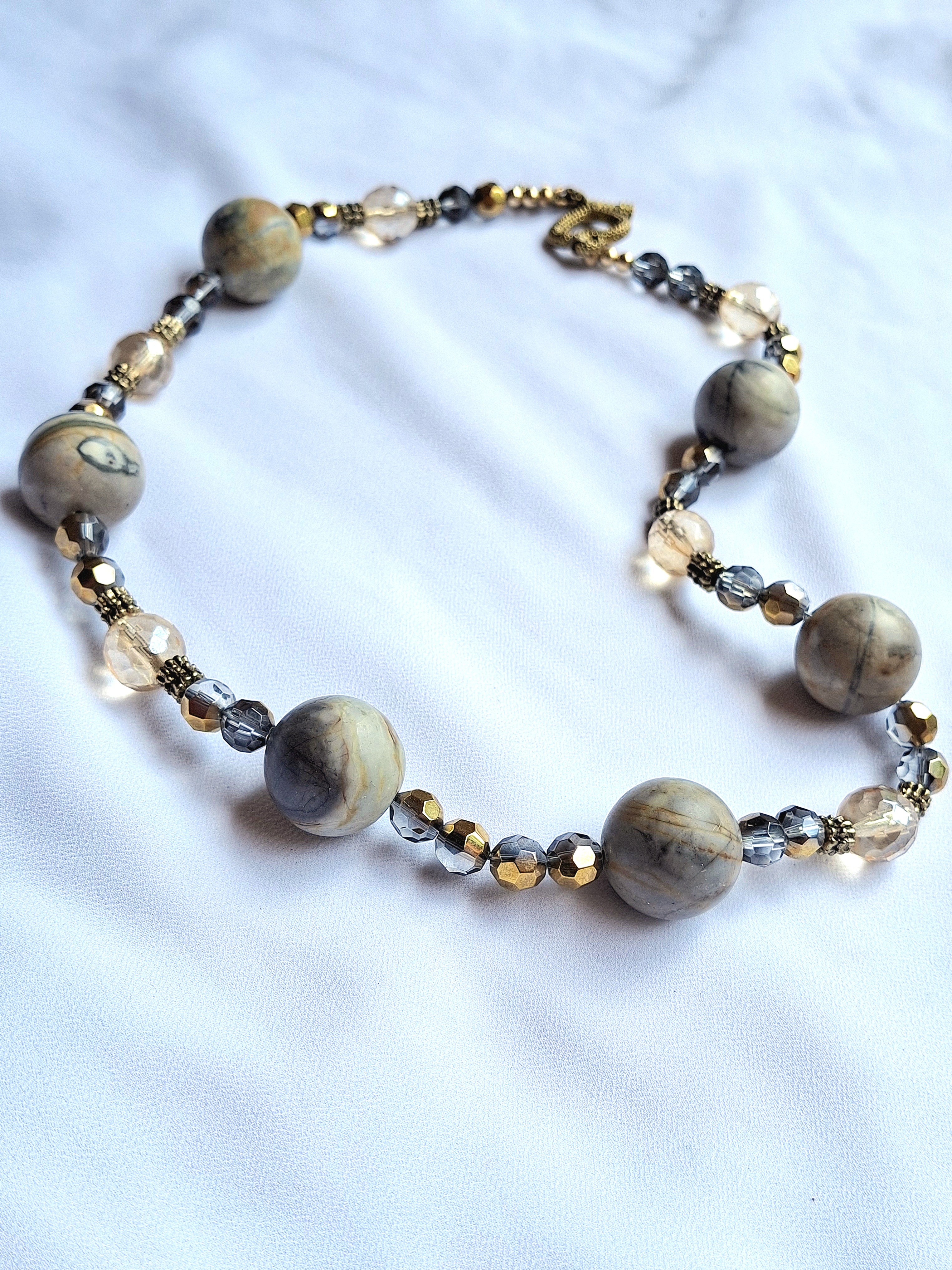 Image 2 for Artisan Jasper Stone & Crystal Beaded Necklace - EUC