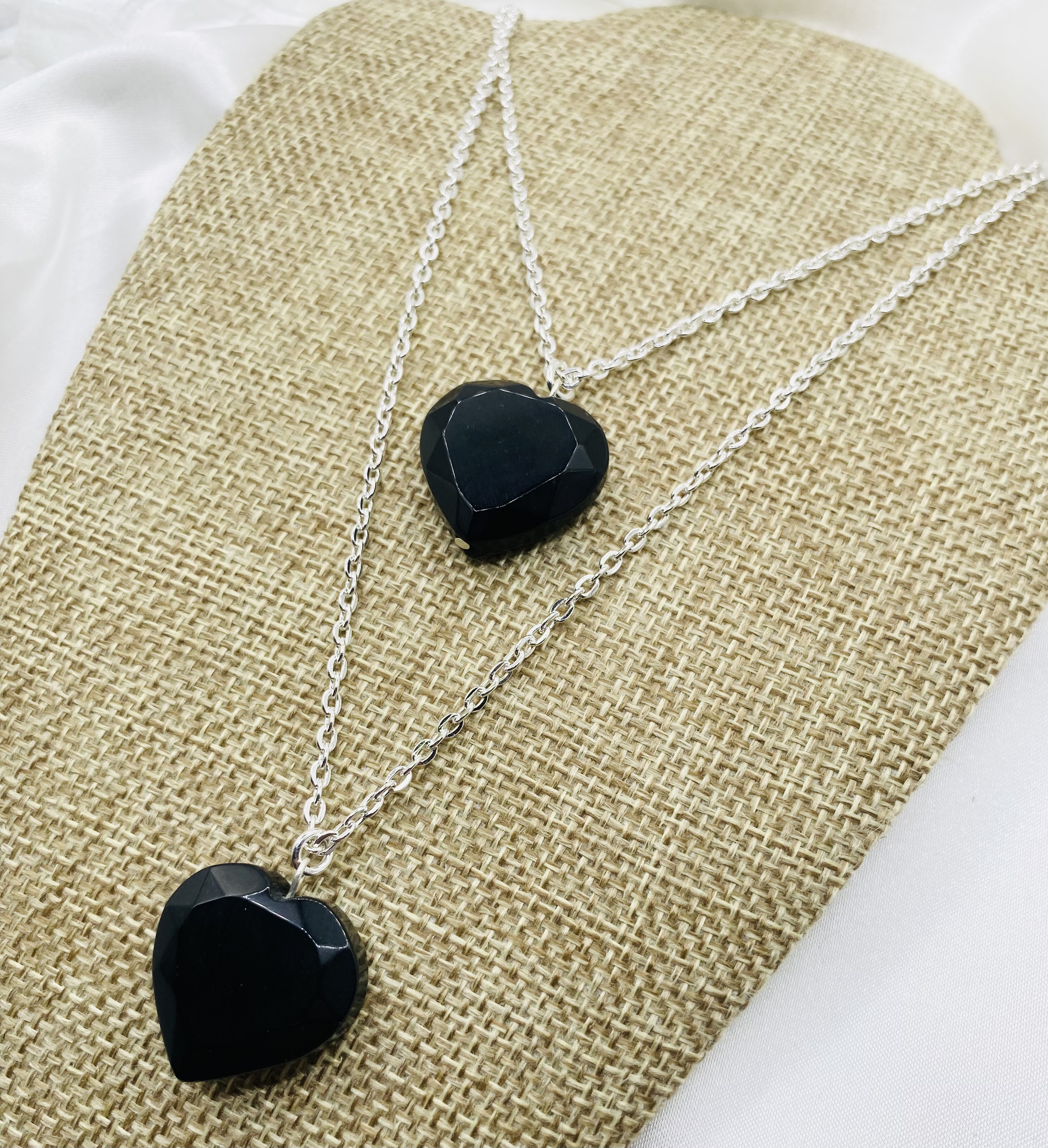 Layered Black Heart Necklace - Silver Chain - NWT