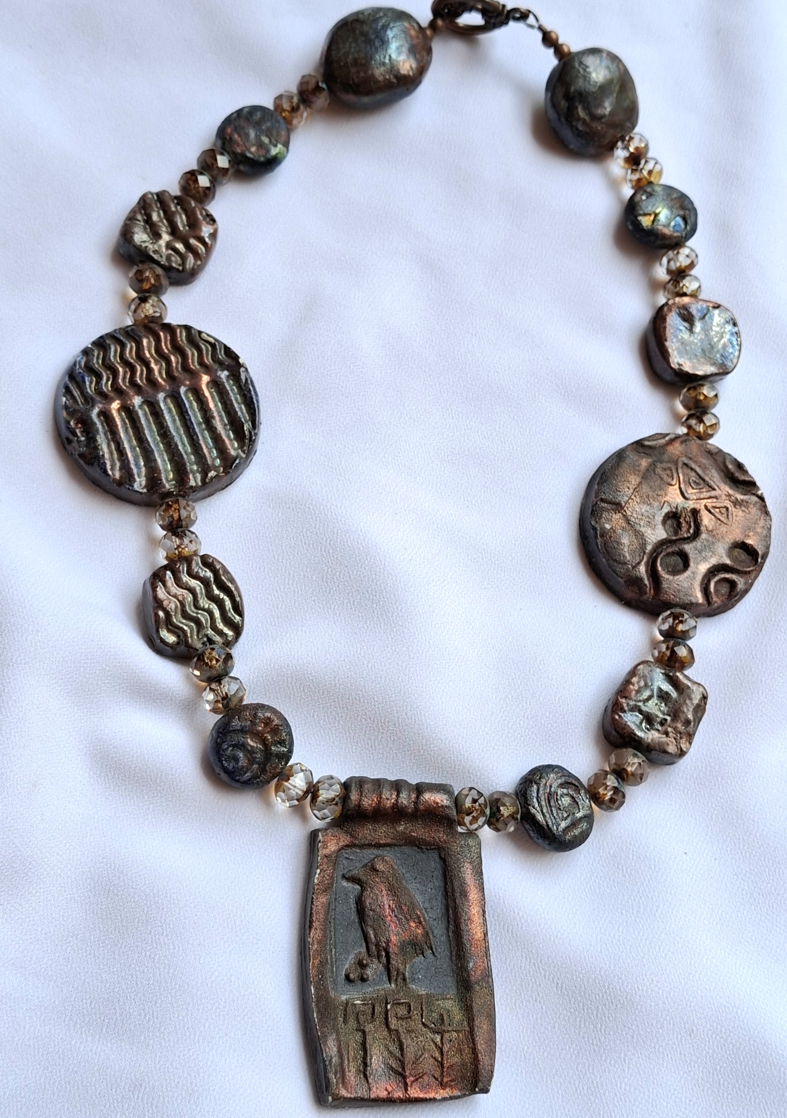 Image 3 for Vintage Clay Bird Pendant Necklace - Unique Handmade Jewelry