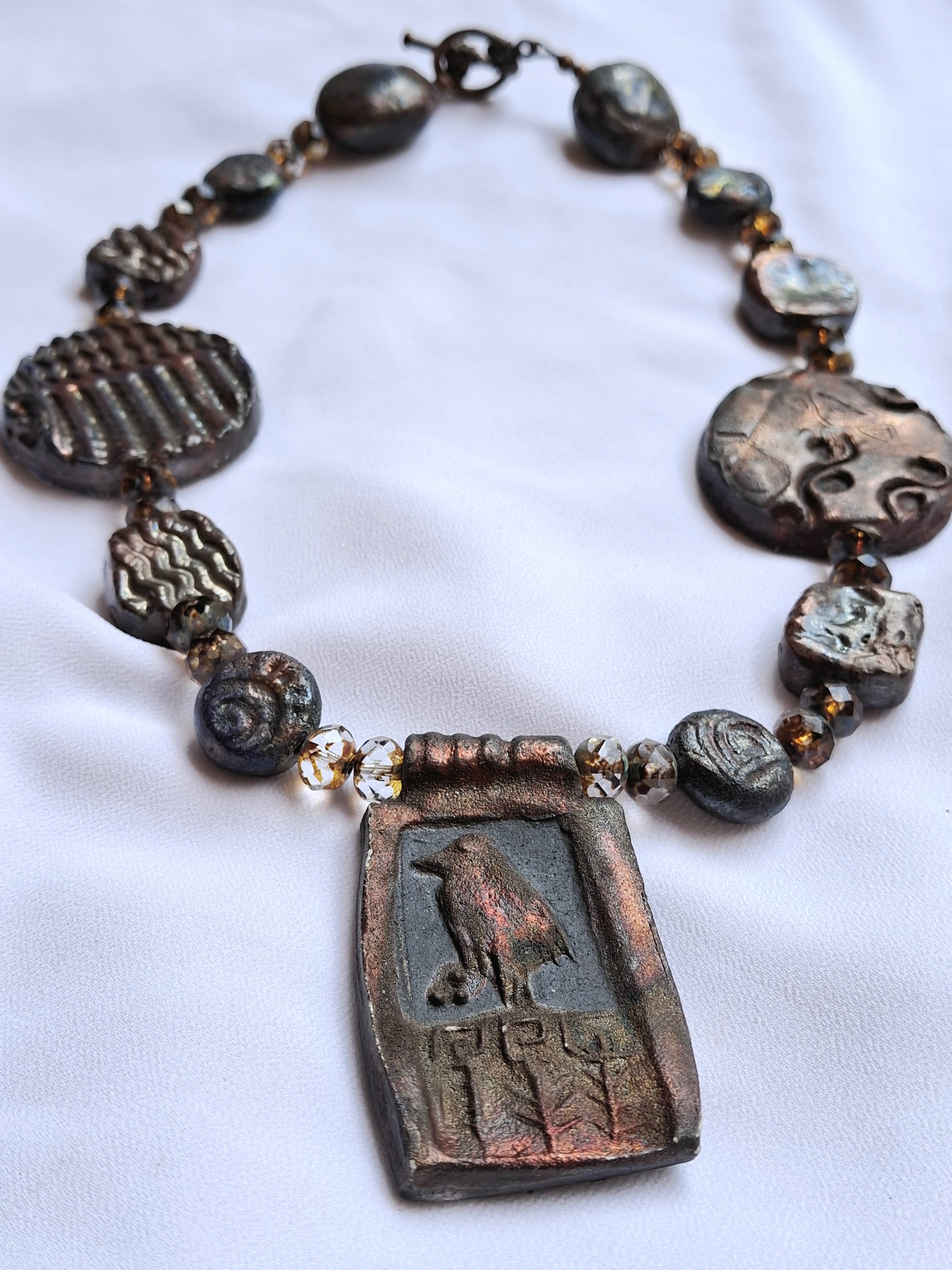 Image 2 for Vintage Clay Bird Pendant Necklace - Unique Handmade Jewelry