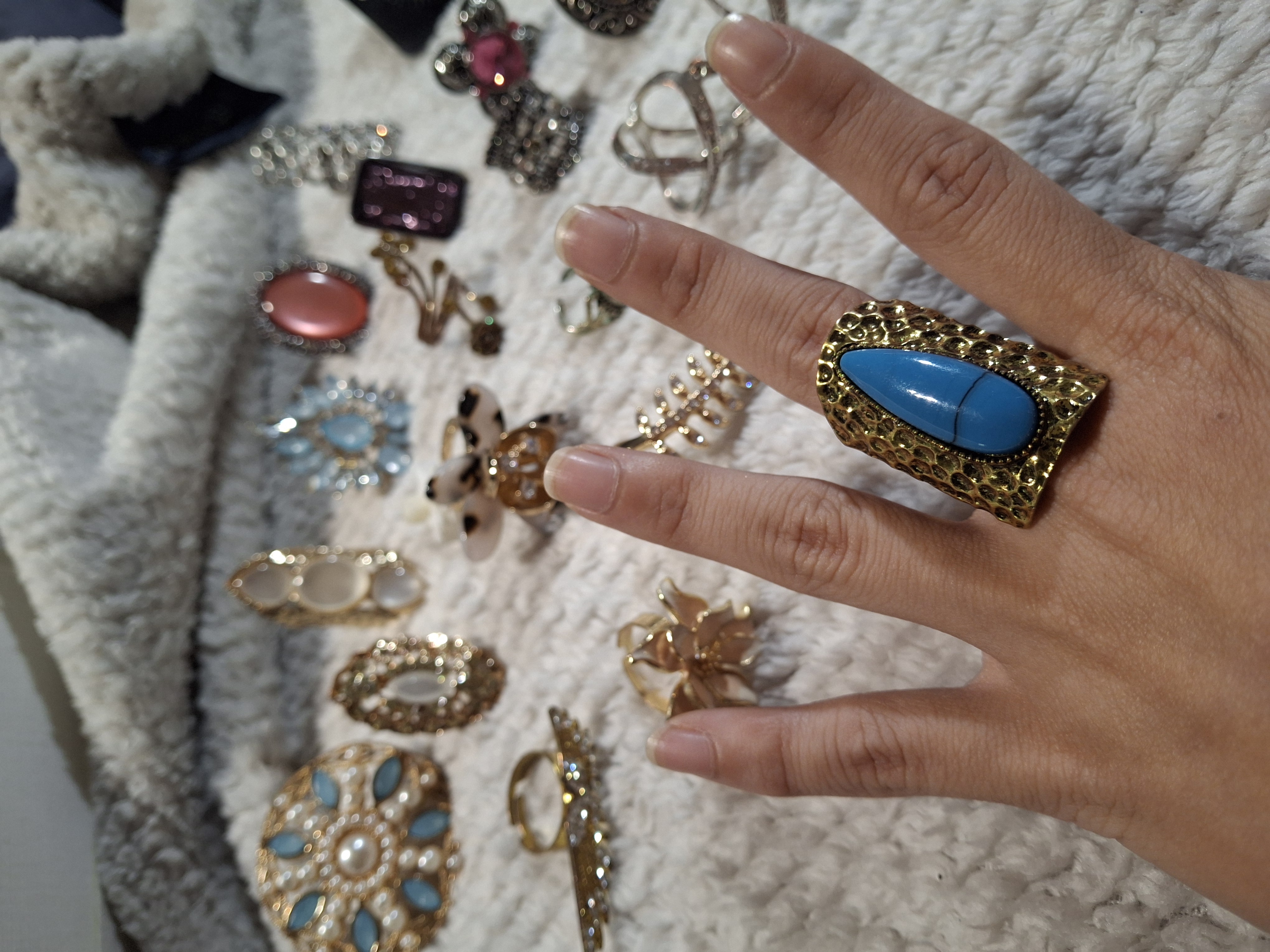 Image 2 for Vintage Hammered Gold Toned Faux Turquoise Statement Ring