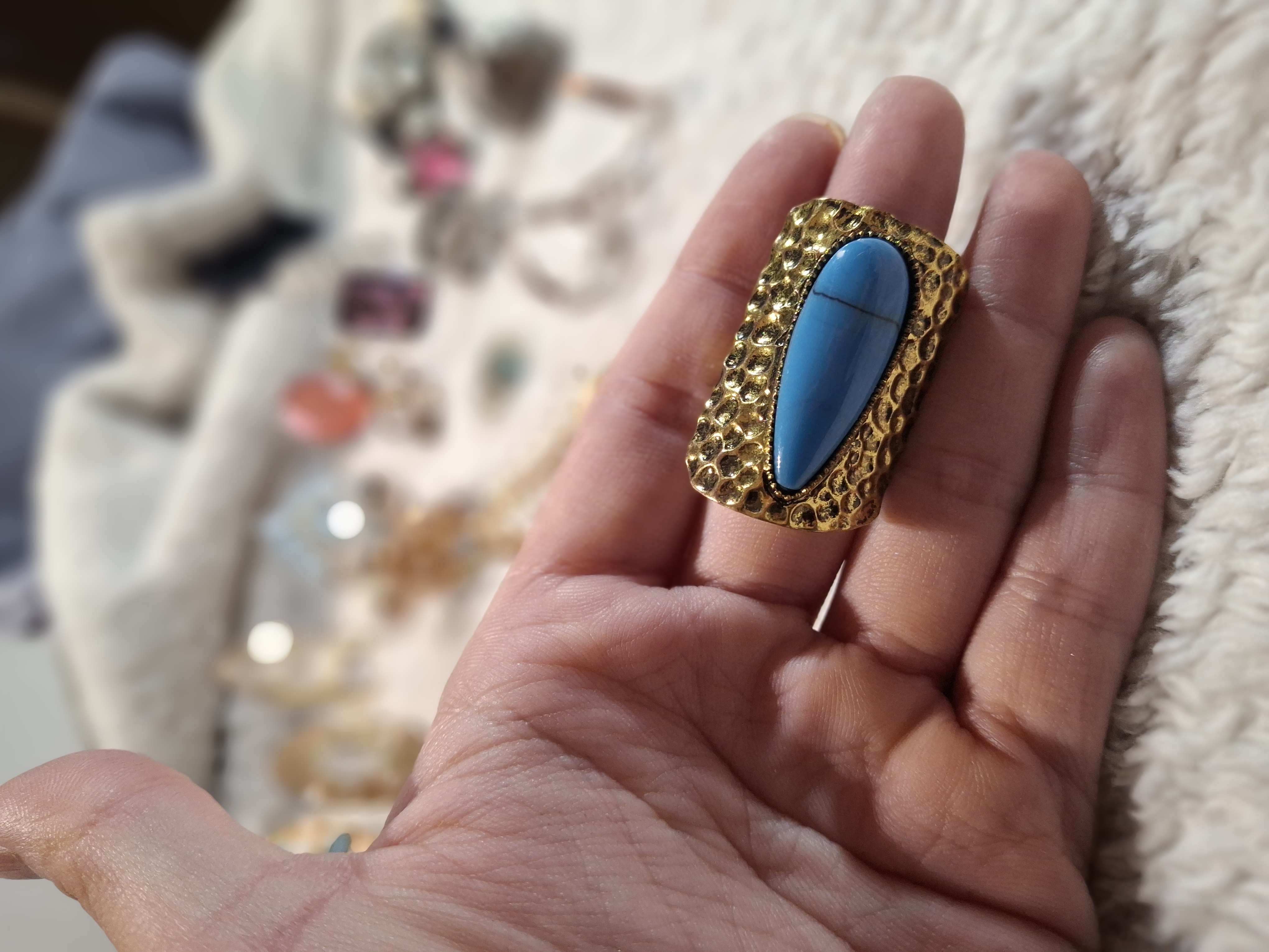 Vintage Hammered Gold Toned Faux Turquoise Statement Ring